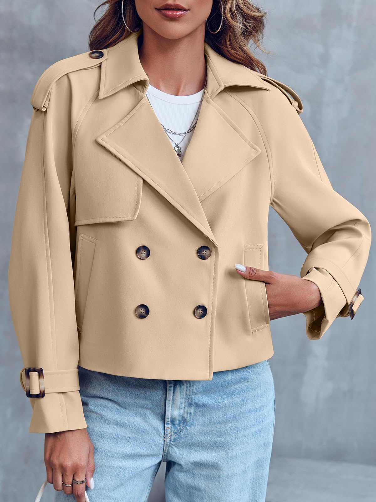 Women Crop Double Breasted Trench Coat Raglan Sleeve Work Office Cropped Jacket With Pockets