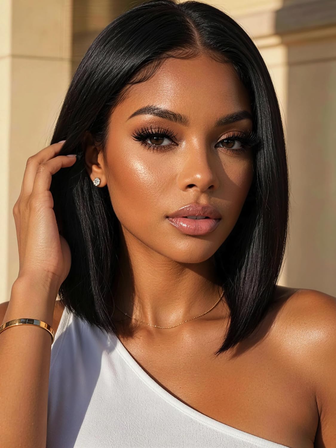 Golden Brown Highlight Glueless Yaki Straight Precut 7x5 Lace Front Wigs Human Hair Drawstring Ombre Pre Plucked Bleached Knots 30S Ready to Wear and Go Wig with Dark Roots 16Inch