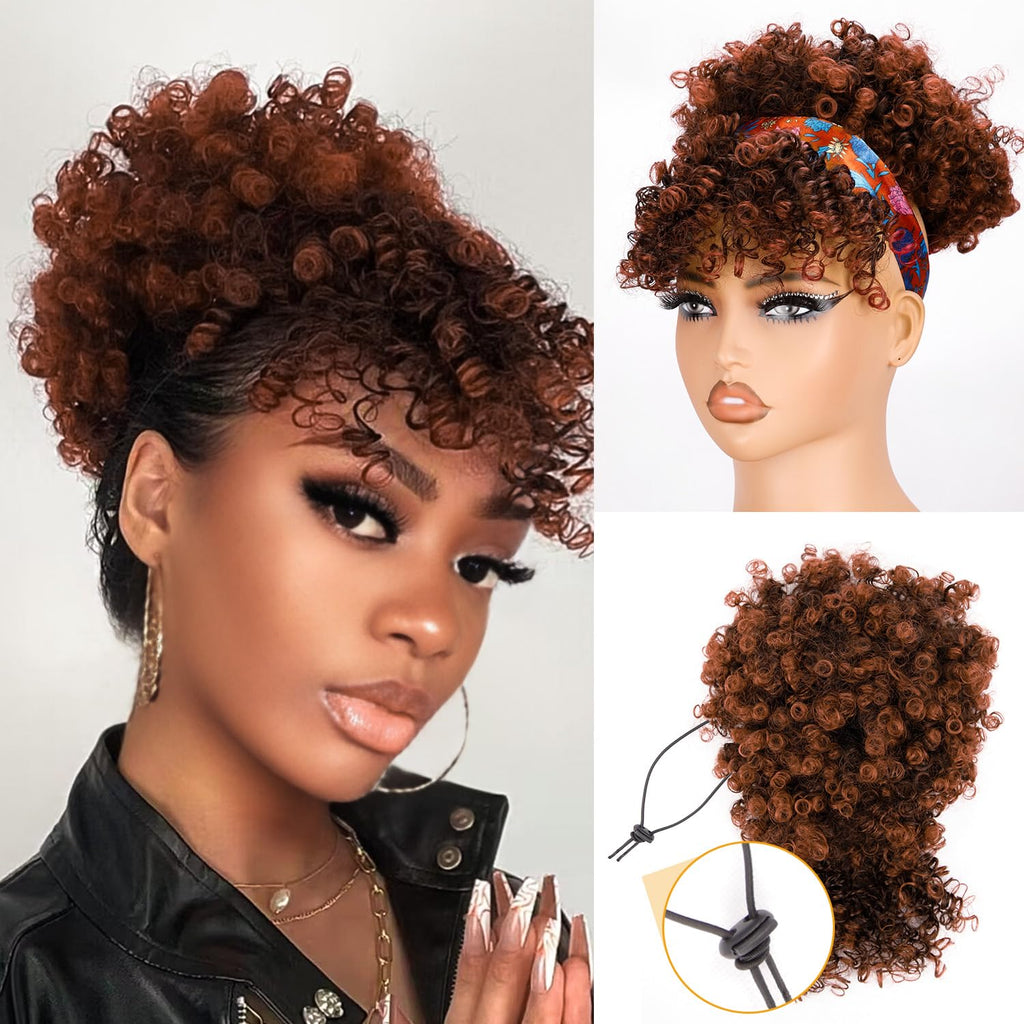 Drawstring Ponytail for Black Women, Afro Puff Kinky Curly Hair Ponytail Extension with Bangs Black Updo Natural Hair Ponytail (1B Natural Black)
