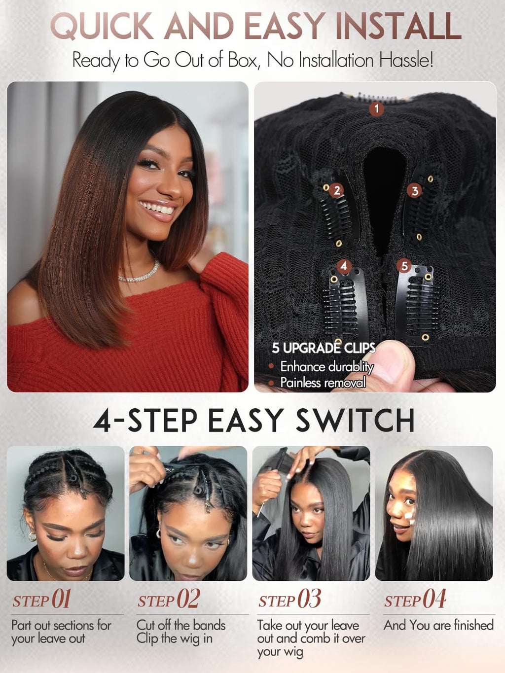 Yaki Straight Layered U Part Wigs V Part Glueless Clip in Half Wigs for Women Realistic Natural Looking Heat Resistant Synthetic Hair(24inch,Natural Black)