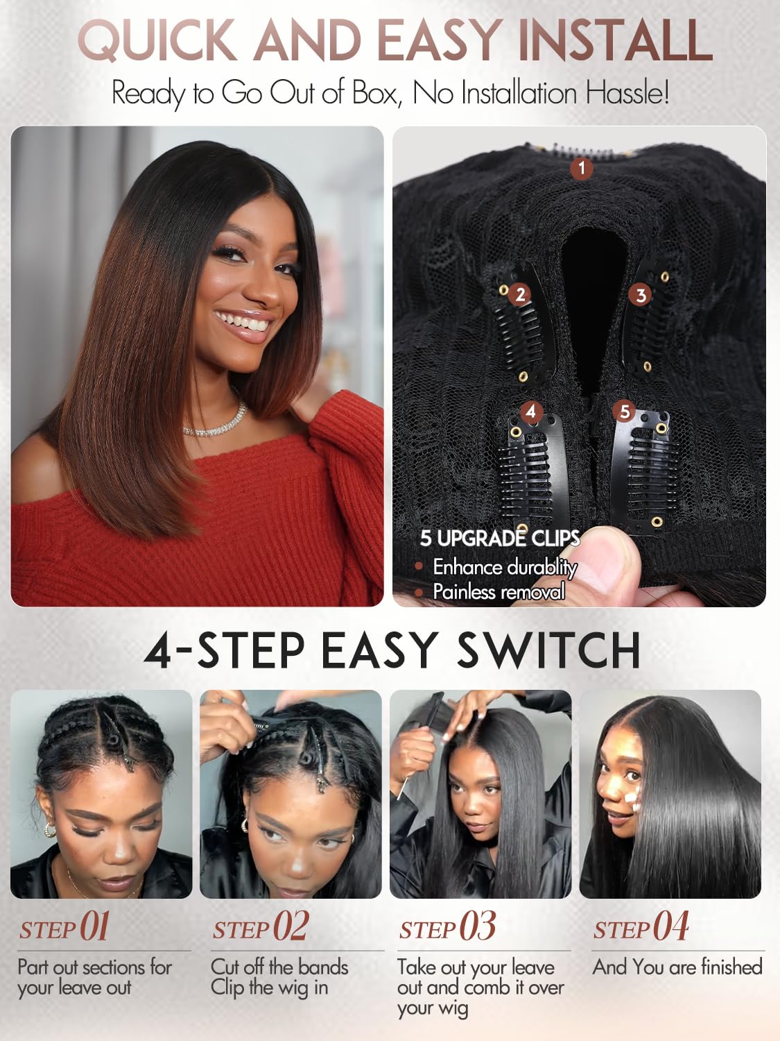 Yaki Straight Layered U Part Wigs V Part Glueless Clip in Half Wigs for Women Realistic Natural Looking Heat Resistant Synthetic Hair(24inch,Natural Black)