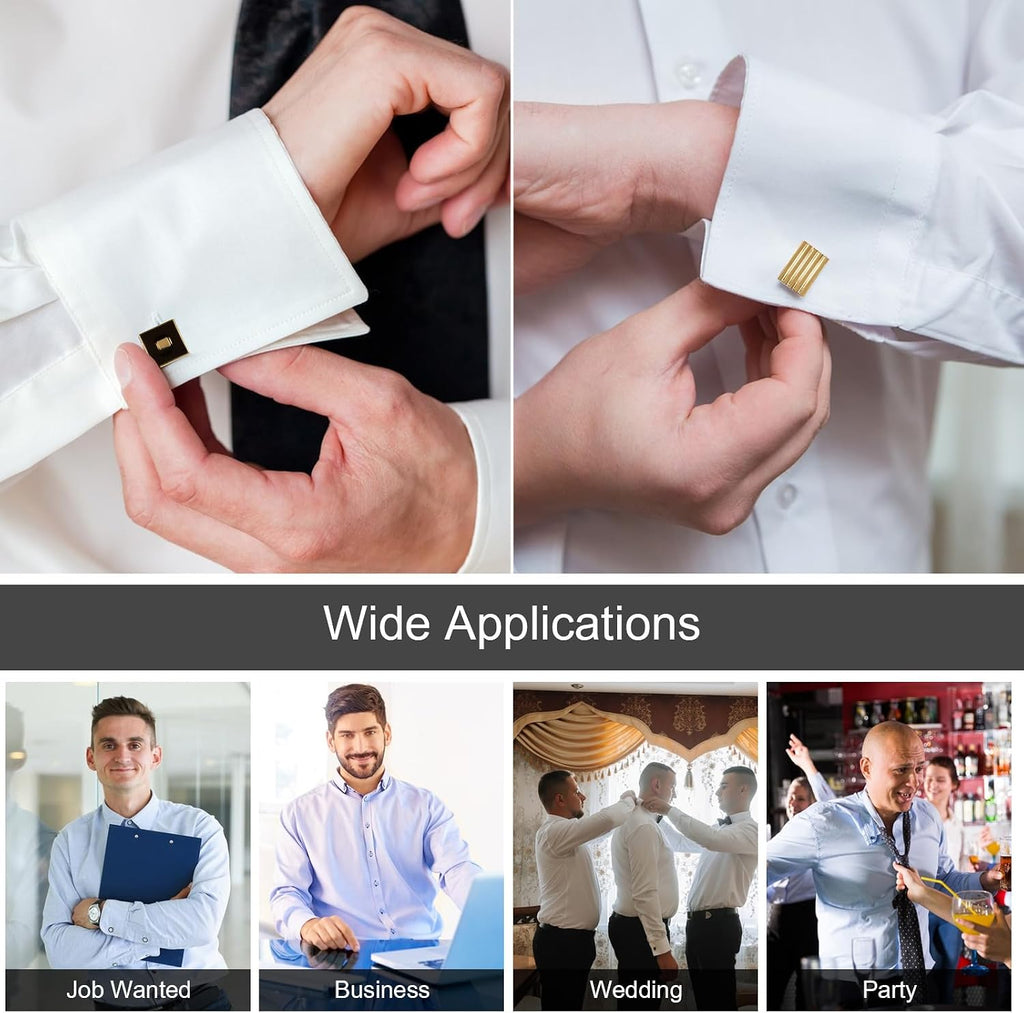 4 Pairs Cufflinks for Men Classic Tone Cuff Links Fashion Men Cufflinks Gold/Sliver Striped Disc Square Rectangle Cuff Links for Business Wedding Party Gift Box