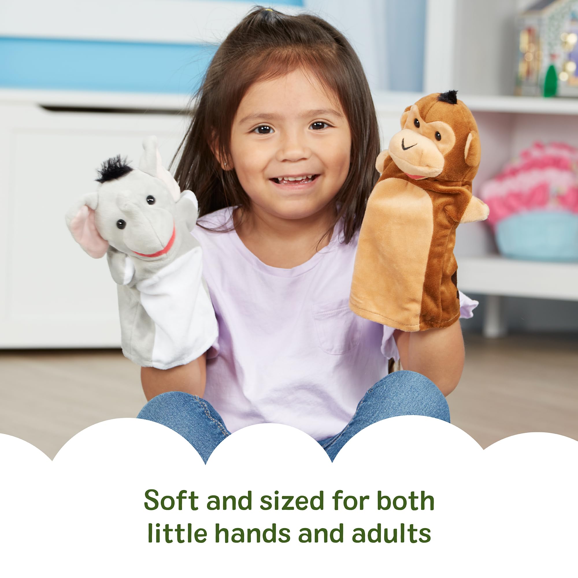 Melissa & Doug Safari Buddies Hand Puppets, Set of 6 (Elephant, Tiger, Parrot, Giraffe, Monkey, Zebra) Soft, Plush Puppet, Stuffed Animals, Pretend Play Toddler Toys for Girls & Boys 2+