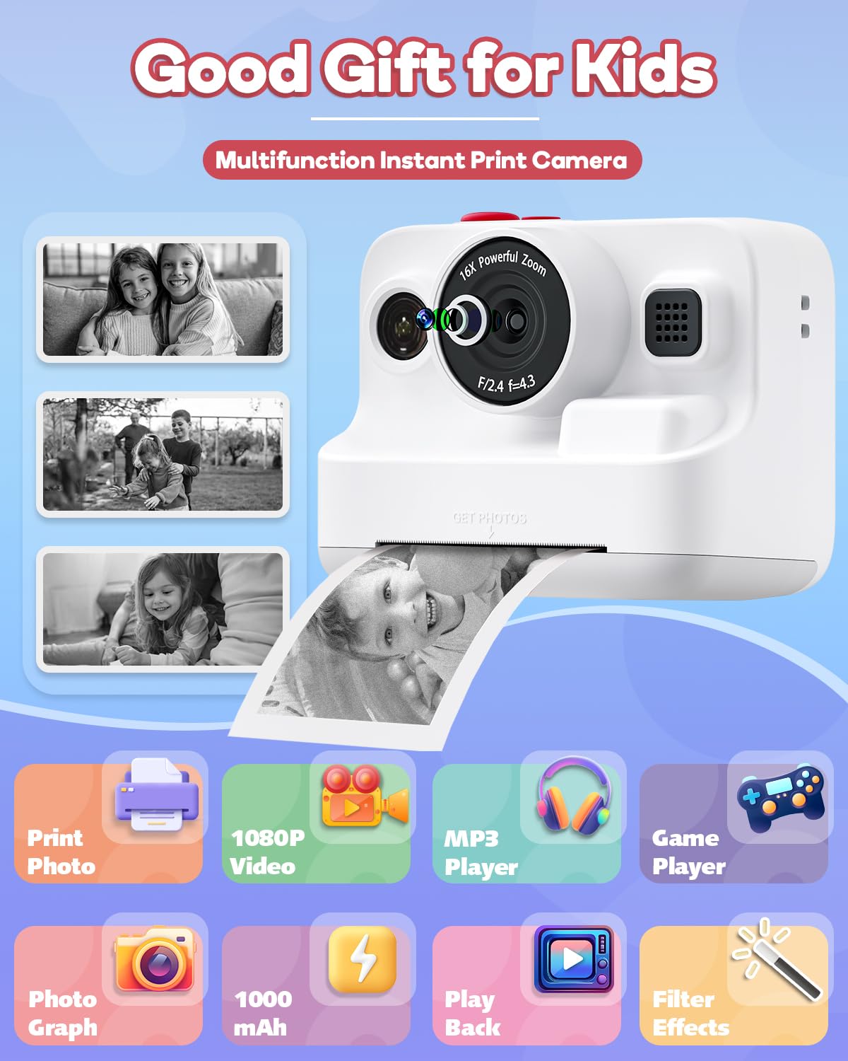 Dylanto Kids Camera Instant Print,1080P Kids Instant Cameras that Print Photos,Christmas Birthday Gifts for Girls Age 3-12,Portable Toy for 3 4 5 6 7 8 9 10 Year Old Girls Boys Pink