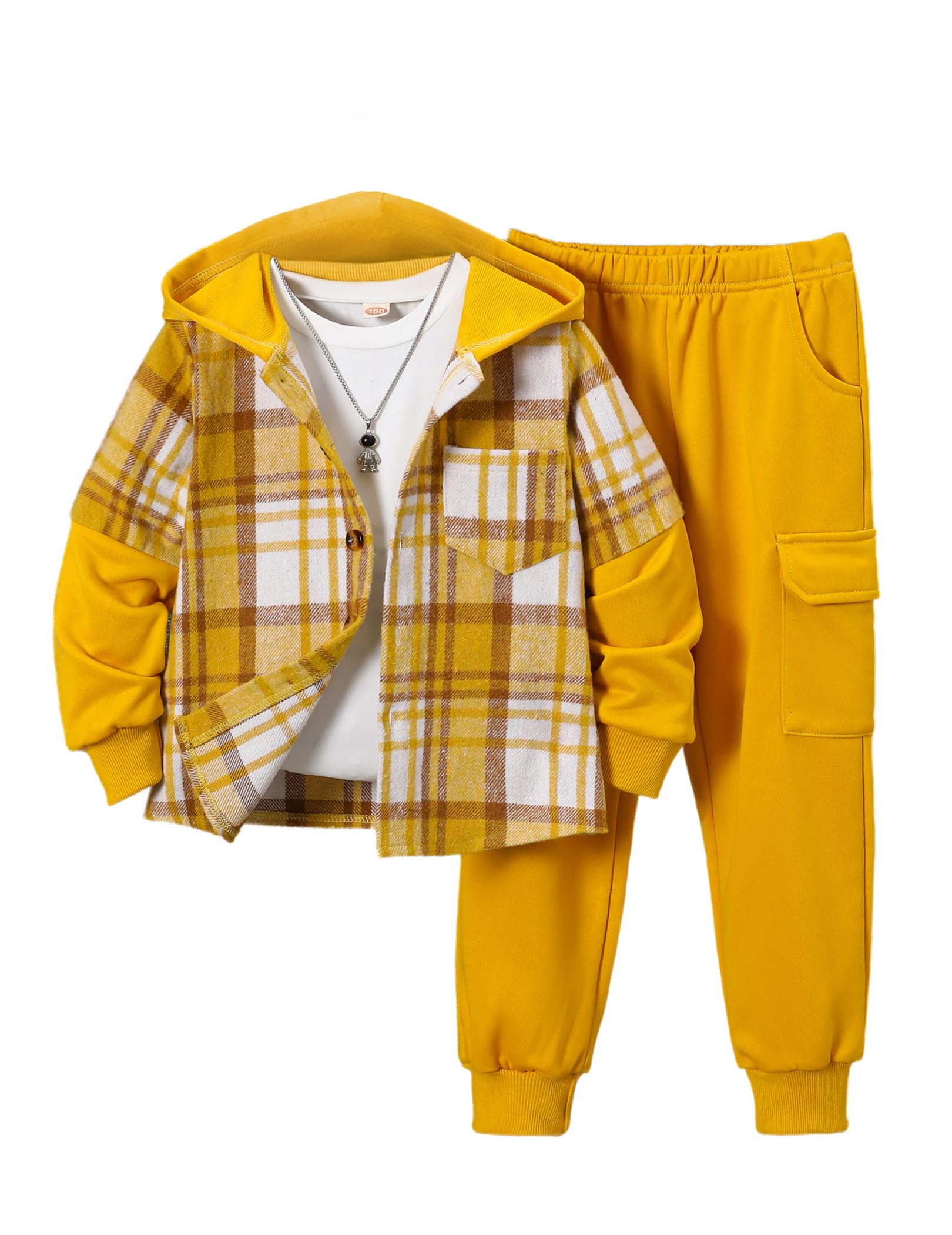 2Pcs Kids Boys Flannel Plaid Shirt Tops Pants Set Hoodie Sweatsuit for Fall Winter Spring Outfits 4-12 Years