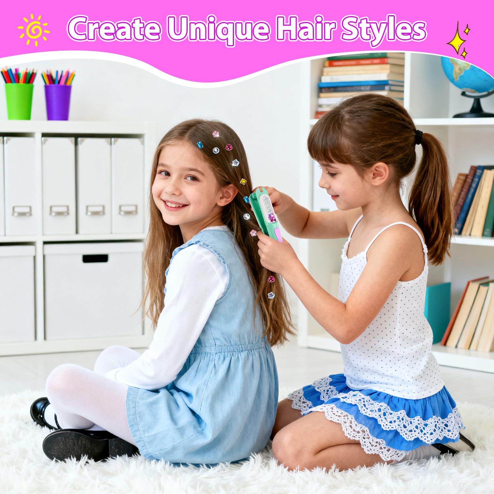 kidzkube Hair Gem Stamper Kit, Bling Hair Jewels for Girls Toys, Hair Styling Tool with Reusable Shining Diamonds, Birthday Gifts Toys for Girls Ages 3 4 5 6 8-12