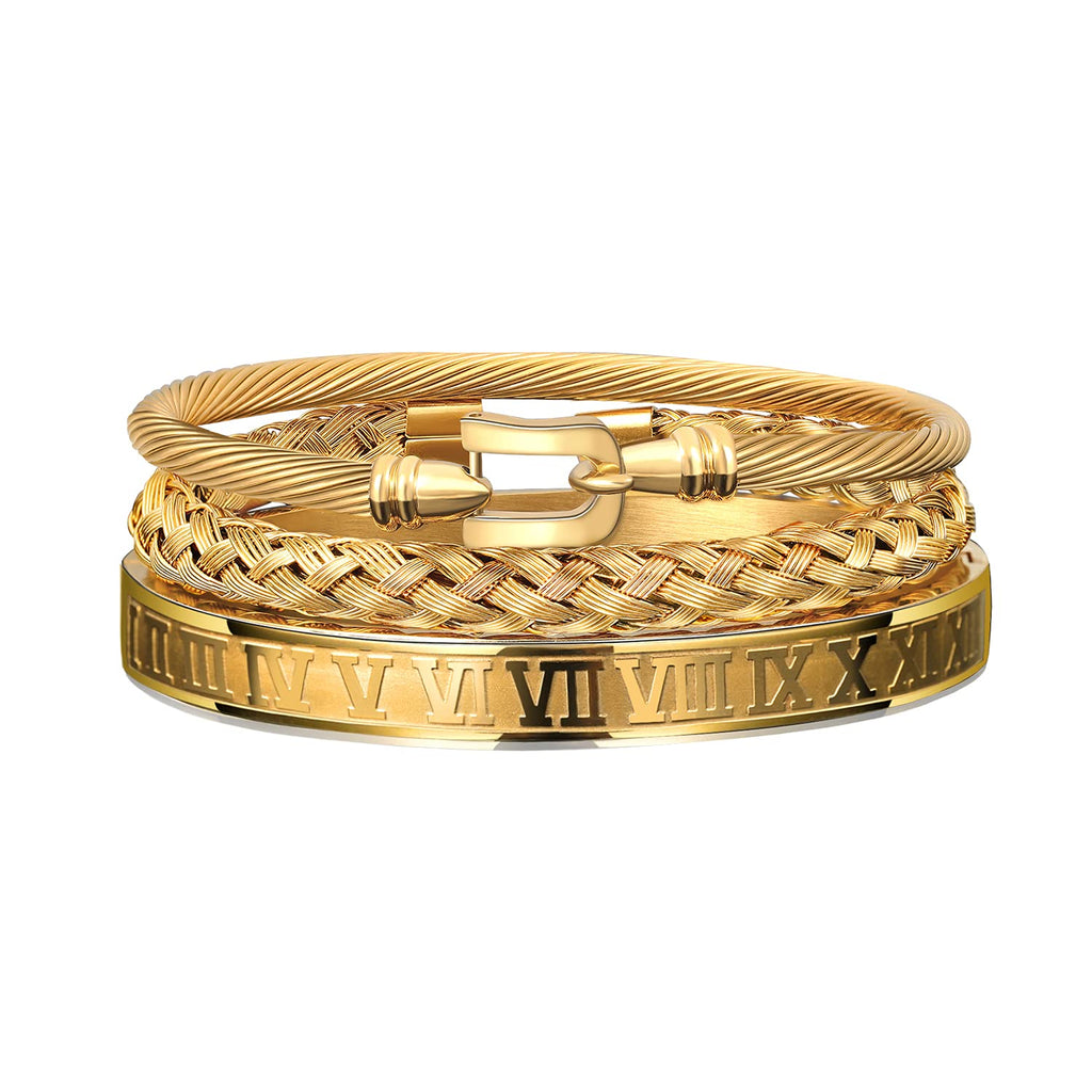 3PCS Stainless Steel Bracelets for Men Gold Roman Numeral Bangle Bracelet Twisted Cable Bracelet Adjustable Cuff Bracelet Mens Luxury Jewelry Bracelets Gifts