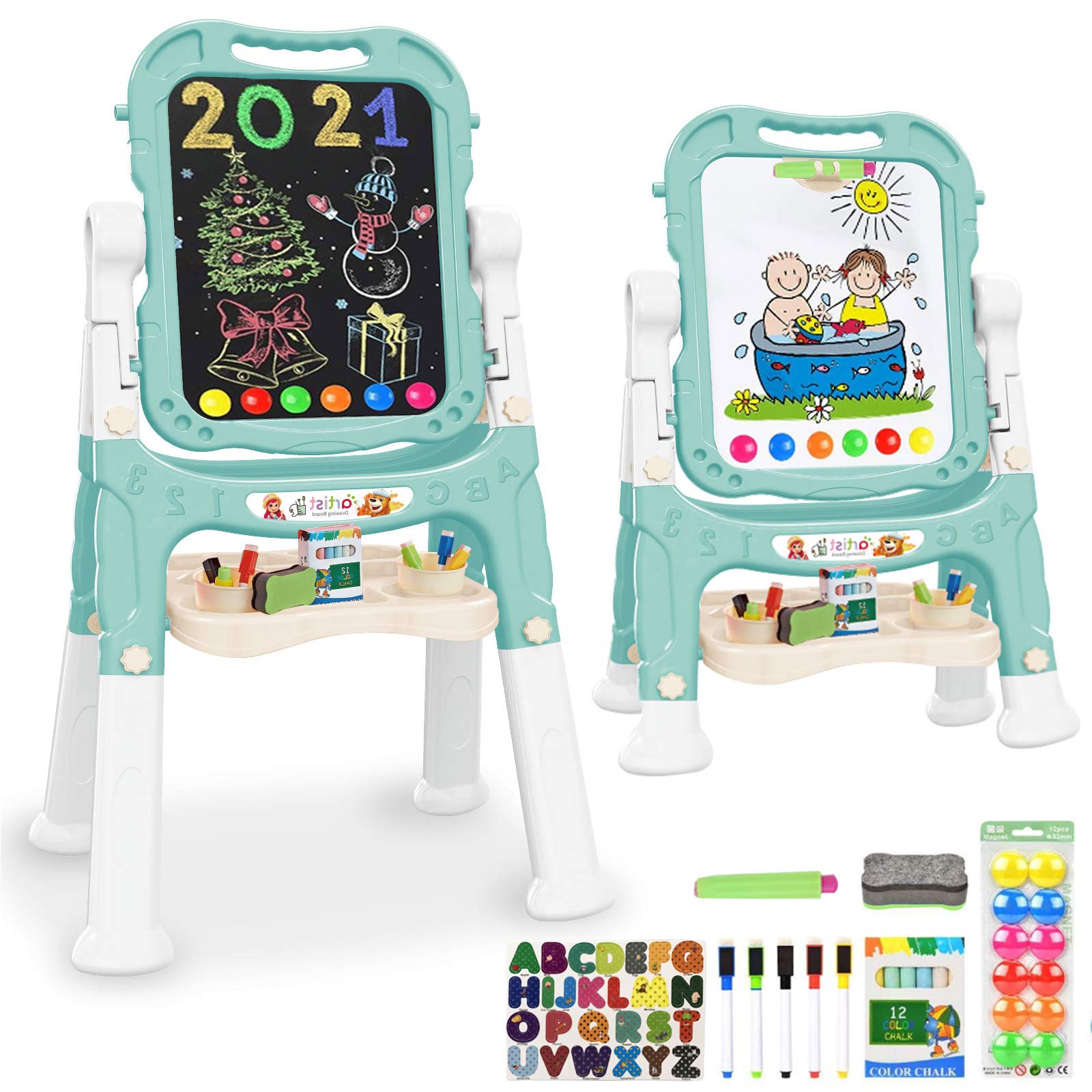 Mojitodon Art Easel for Kids, Adjustable Standing Rotatable Double Sided Easel with Painting Accessories for Toddlers Boys and Girls-Pink