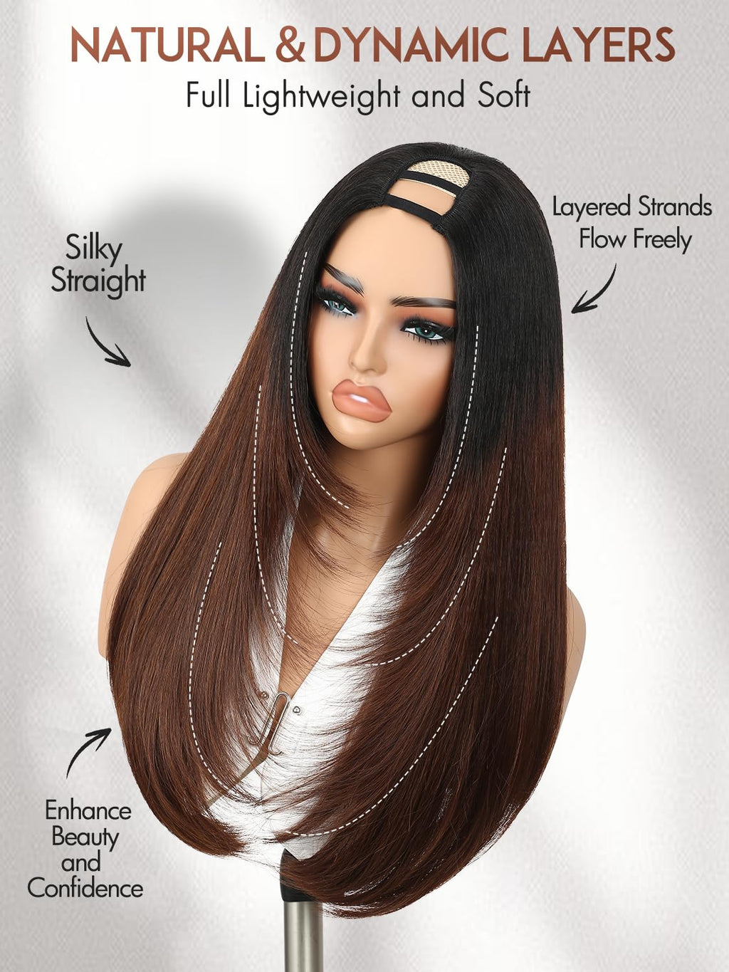 Yaki Straight Layered U Part Wigs V Part Glueless Clip in Half Wigs for Women Realistic Natural Looking Heat Resistant Synthetic Hair(24inch,Natural Black)