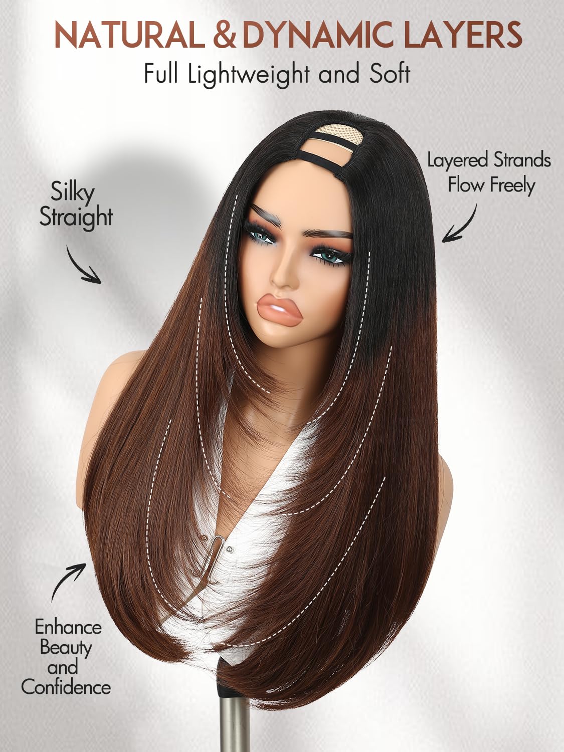 Yaki Straight Layered U Part Wigs V Part Glueless Clip in Half Wigs for Women Realistic Natural Looking Heat Resistant Synthetic Hair(24inch,Natural Black)