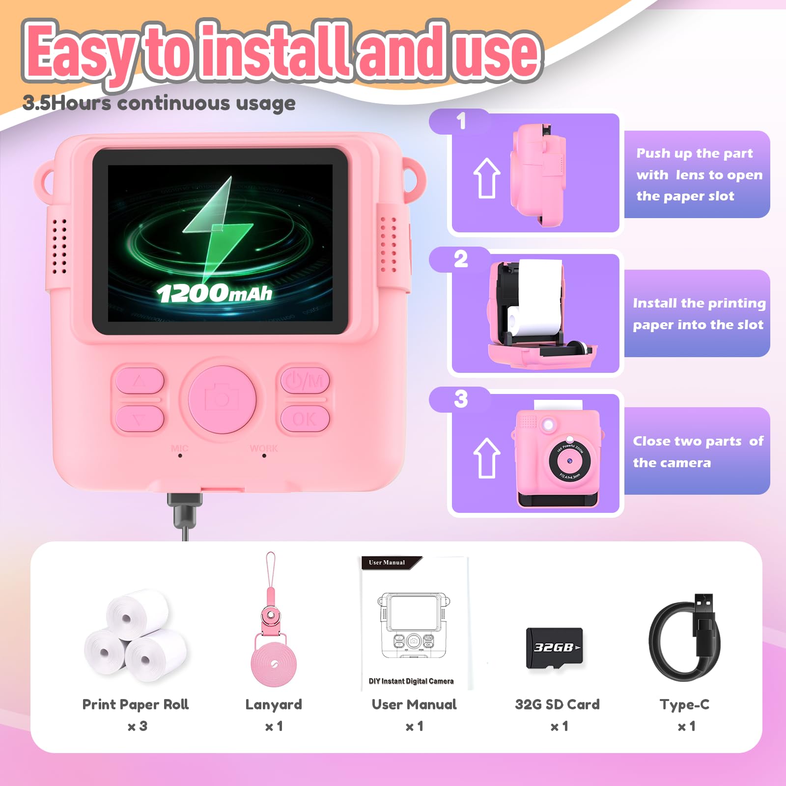 ESOXOFFORE Instant Print Camera for Kids, Christmas Birthday Gifts for Girls Boys Age 3-12,Kids Digital Cameras for Toddler, Portable Toy for 3 4 5 6 7 8 9 10 Year Old Girl with 32GB SD Card-Purple