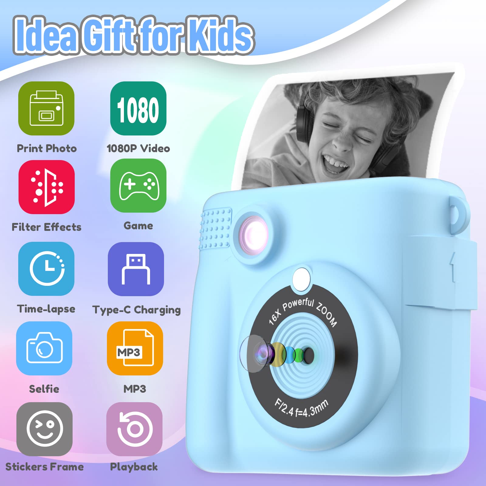 ESOXOFFORE Instant Print Camera for Kids, Christmas Birthday Gifts for Girls Boys Age 3-12,Kids Digital Cameras for Toddler, Portable Toy for 3 4 5 6 7 8 9 10 Year Old Girl with 32GB SD Card-Purple
