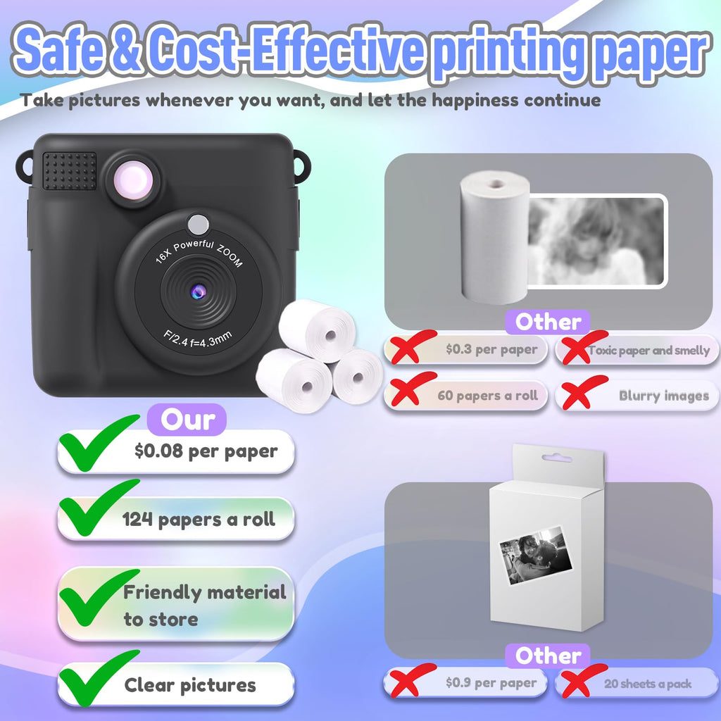 ESOXOFFORE Instant Print Camera for Kids, Christmas Birthday Gifts for Girls Boys Age 3-12,Kids Digital Cameras for Toddler, Portable Toy for 3 4 5 6 7 8 9 10 Year Old Girl with 32GB SD Card-Purple