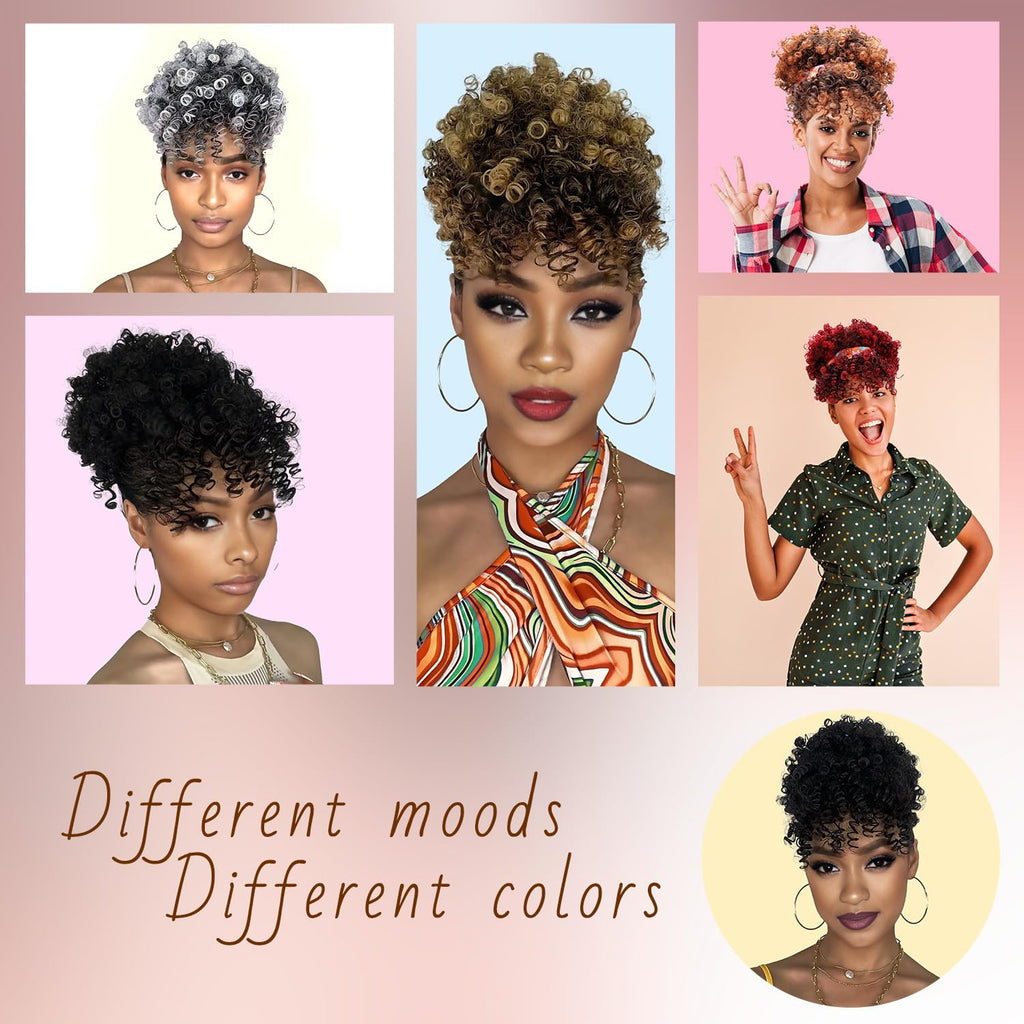 Drawstring Ponytail for Black Women, Afro Puff Kinky Curly Hair Ponytail Extension with Bangs Black Updo Natural Hair Ponytail (1B Natural Black)