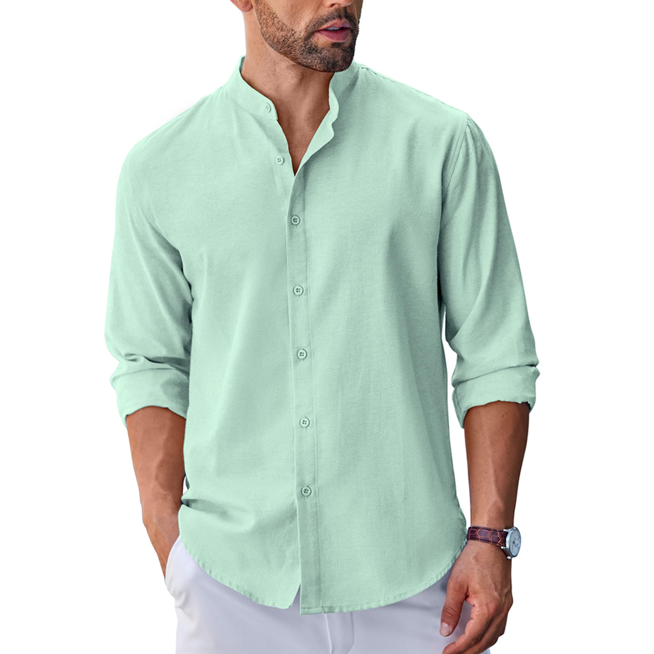Men's Long Sleeve Oxford Dress Shirts Button Down Shirt Casual Band Collar Shirts