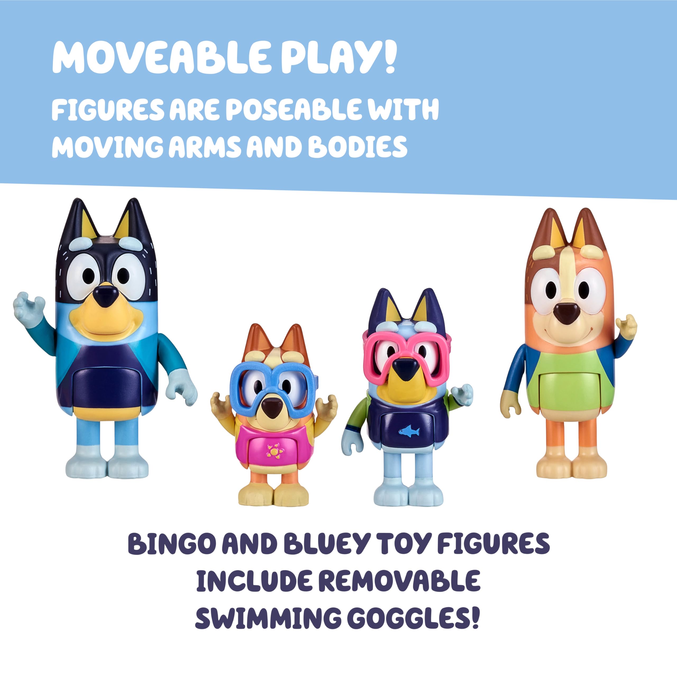 Bluey Family Figure Pack of 4, Robust Poseable Character Toys with Bingo, Chilli, and Bandit Figures, Toddler-Sized Animal Figurines for Kids Ages 3+