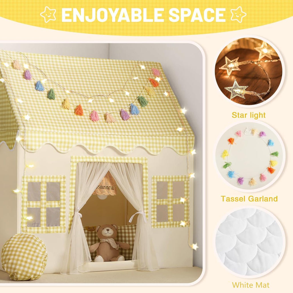 Kids Play Tent Indoor: with Mat, Tassel Garland, Star Lights - Girl Tent Indoor Playhouse for Kids Toys for Boy Girl Birthday Gift
