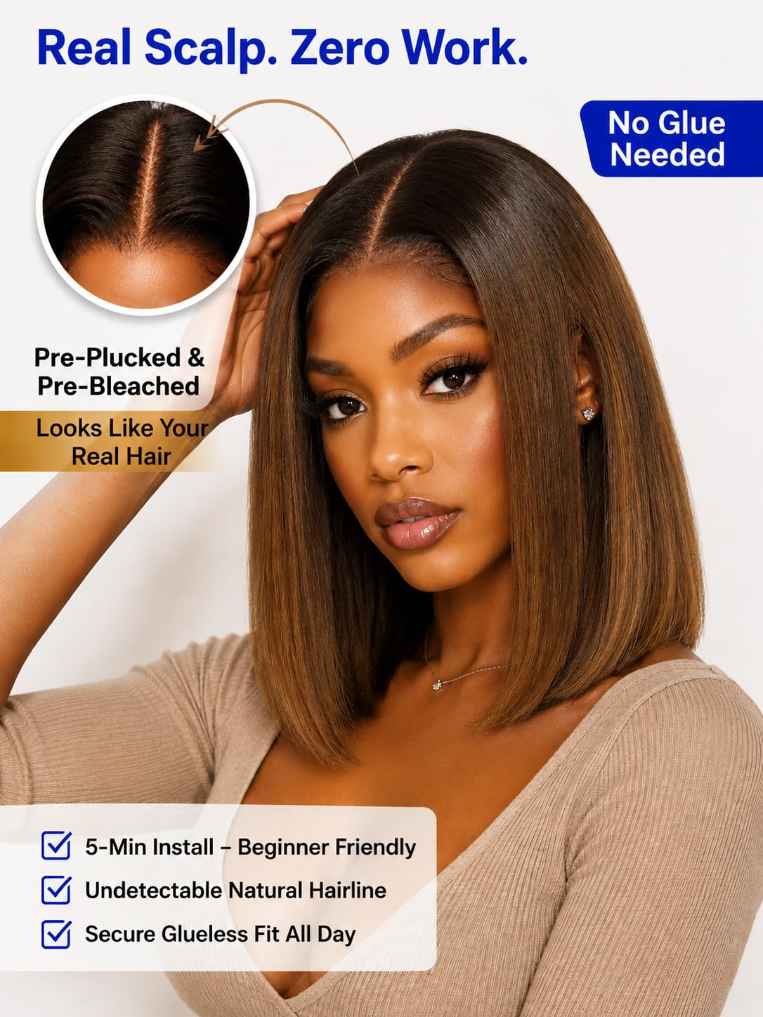 No Slip Yaki Straight Bob Drawstring Wig Human Hair with Flexible Mesh Cap,Glueless Upgrade 7x5 Bye Bye Knots Wig Pre Cut/Plucked/Bleached Ready to Go Short Yaki Bob Wig 180% Density 10inch