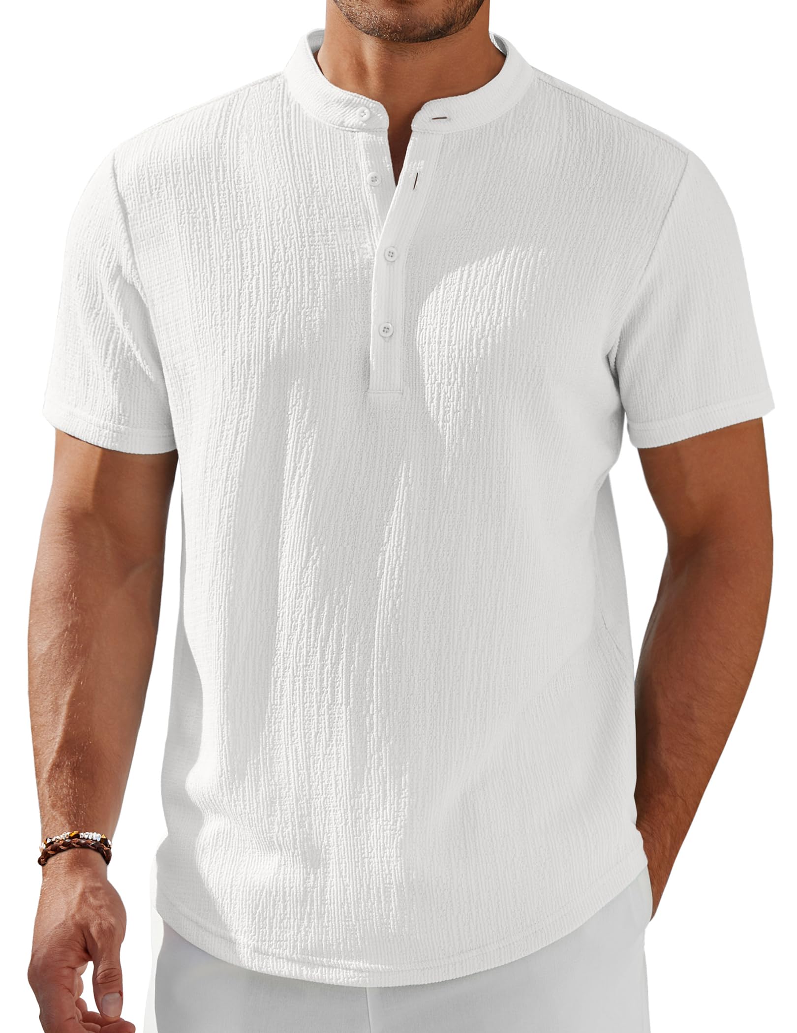 Men's Henley Shirt Short Sleeve Stand Collar Summer Casual Beach Hippie T-Shirts
