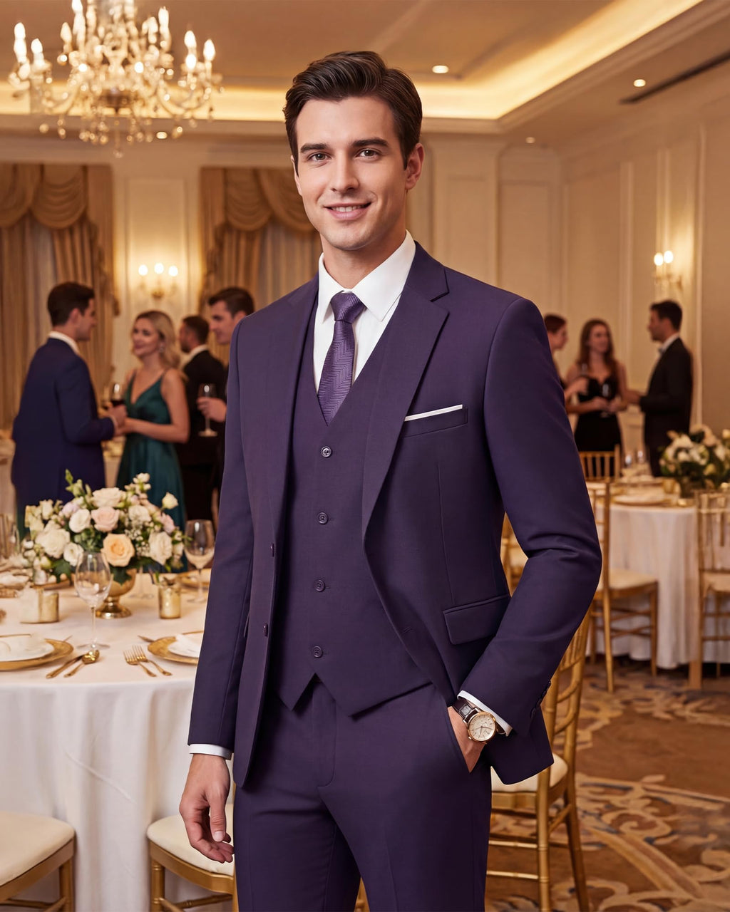 Men's Slim Fit 3 Piece Suits Two Button Blazer Vest & Pants Tuxedo Set for Business Wedding Party
