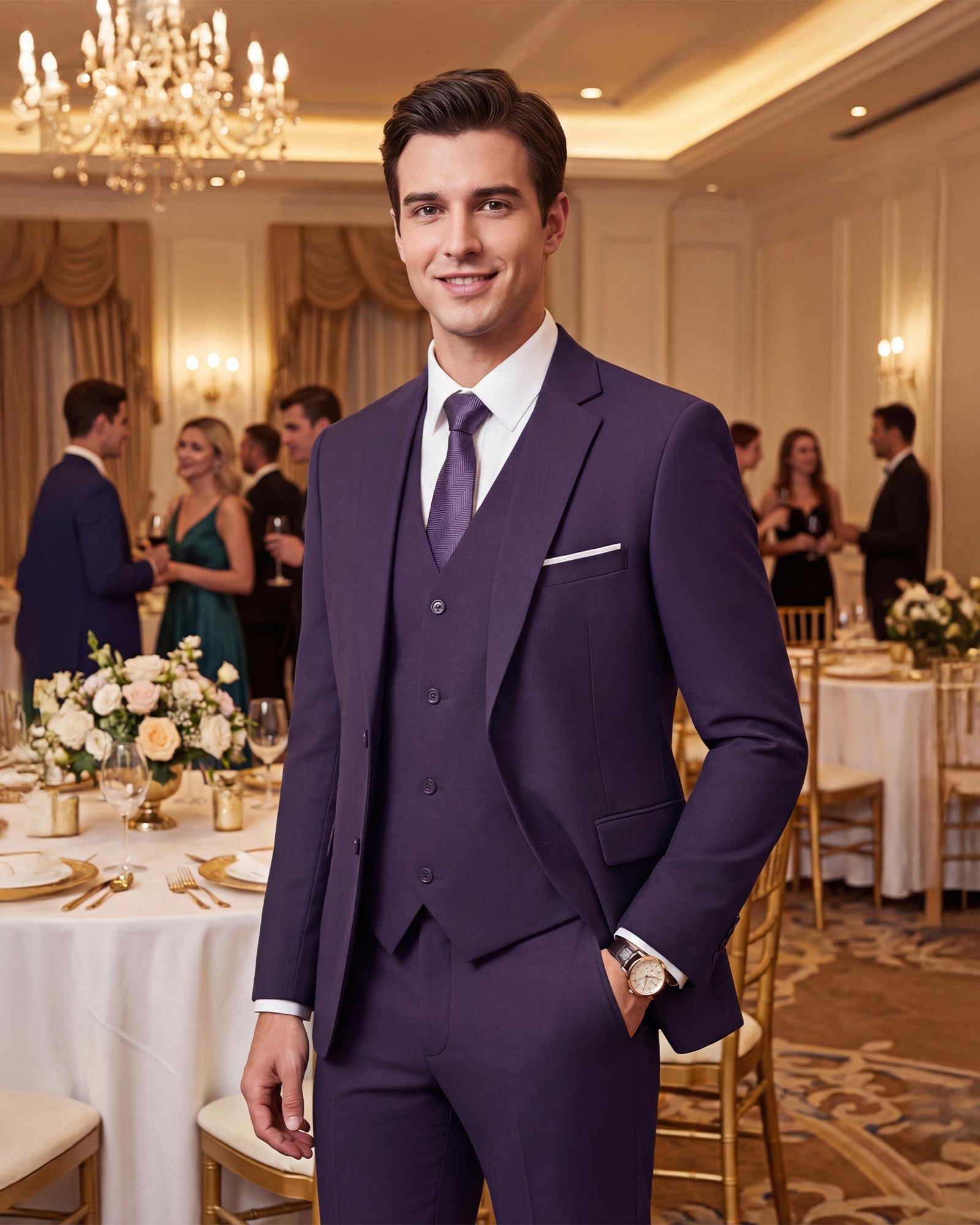 Men's Slim Fit 3 Piece Suits Two Button Blazer Vest & Pants Tuxedo Set for Business Wedding Party