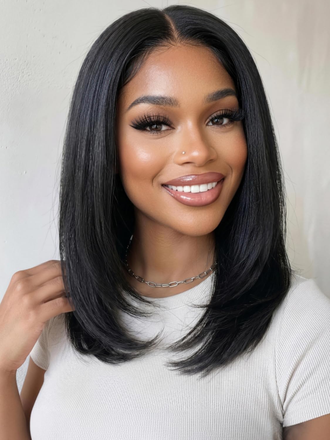 Golden Brown Highlight Glueless Yaki Straight Precut 7x5 Lace Front Wigs Human Hair Drawstring Ombre Pre Plucked Bleached Knots 30S Ready to Wear and Go Wig with Dark Roots 16Inch