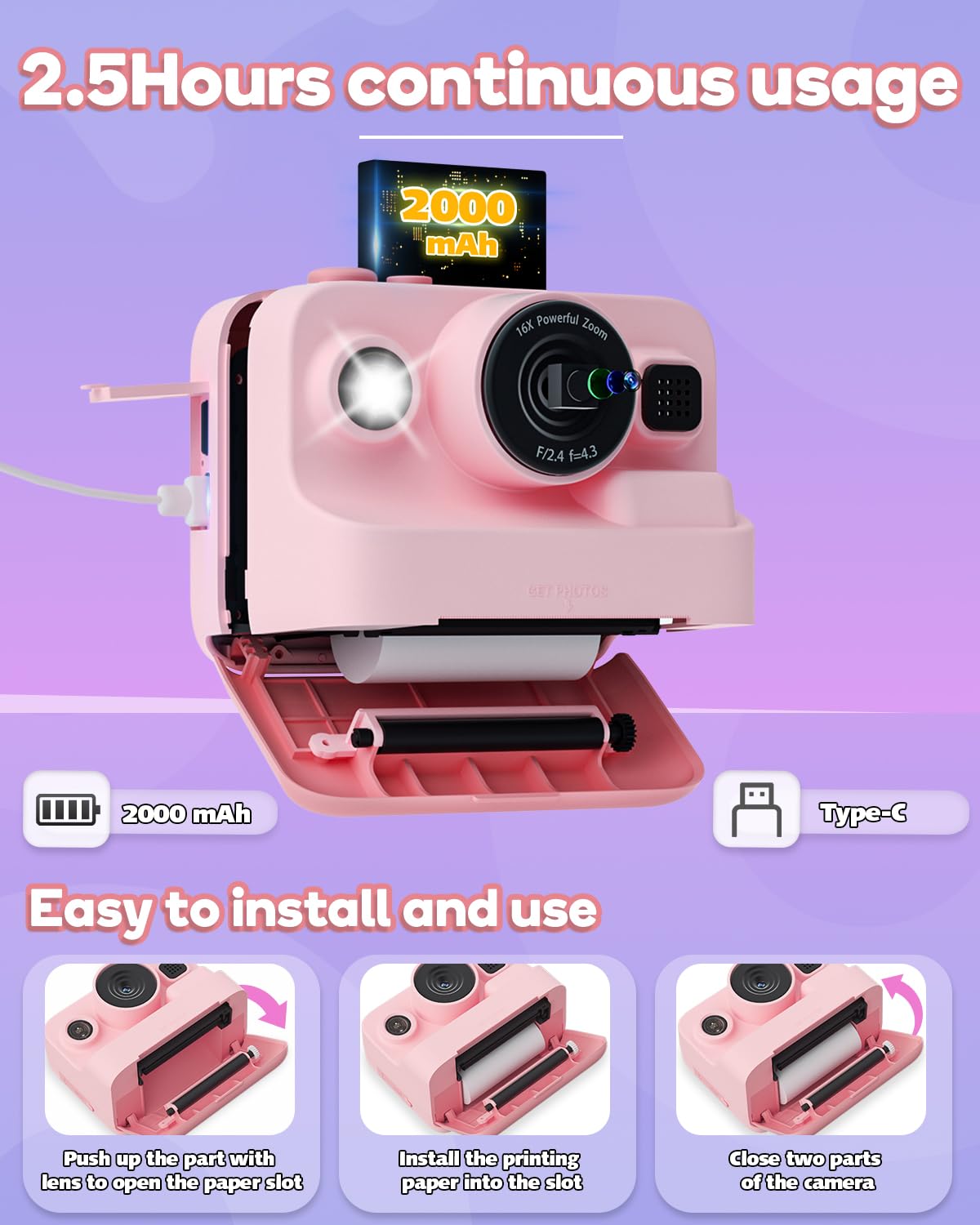 Dylanto Kids Camera Instant Print,1080P Kids Instant Cameras that Print Photos,Christmas Birthday Gifts for Girls Age 3-12,Portable Toy for 3 4 5 6 7 8 9 10 Year Old Girls Boys Pink