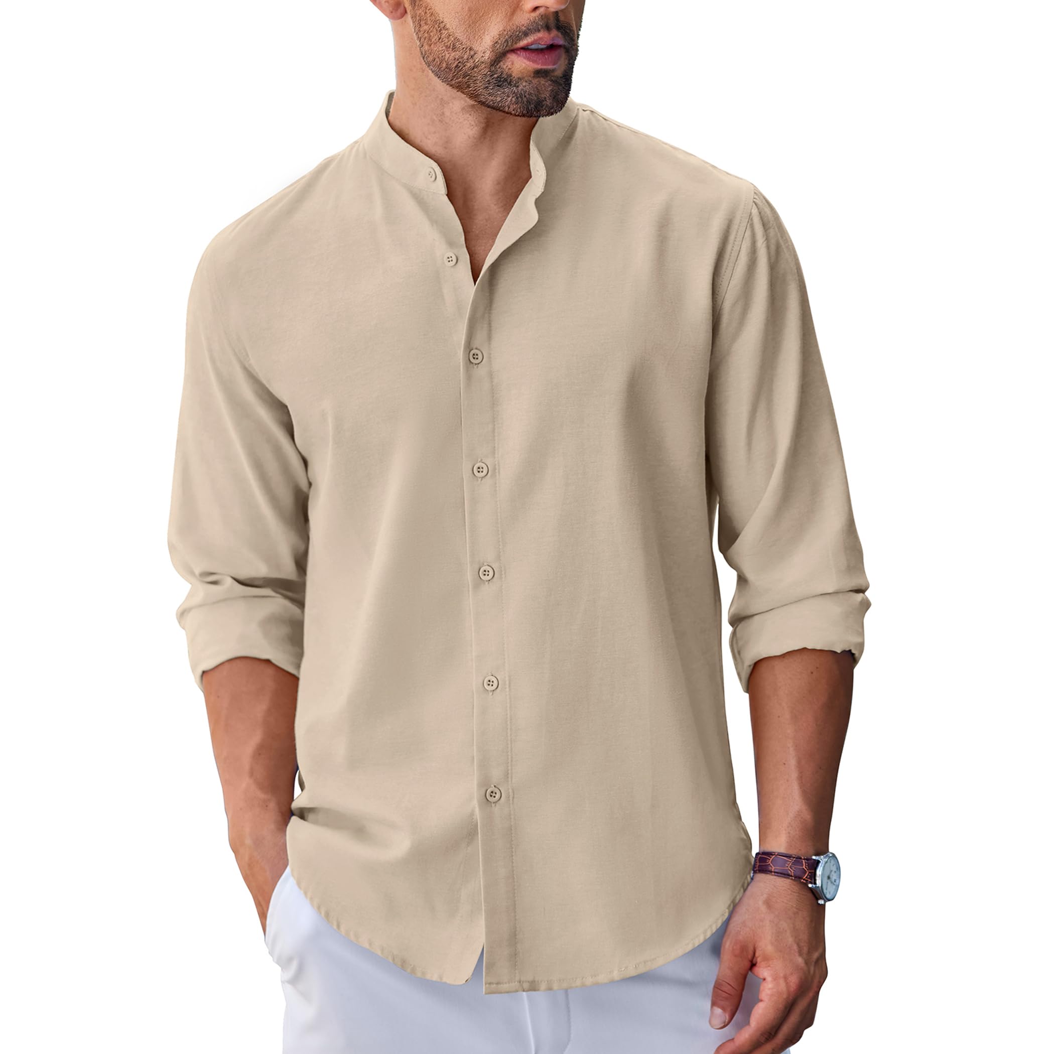 Men's Long Sleeve Oxford Dress Shirts Button Down Shirt Casual Band Collar Shirts