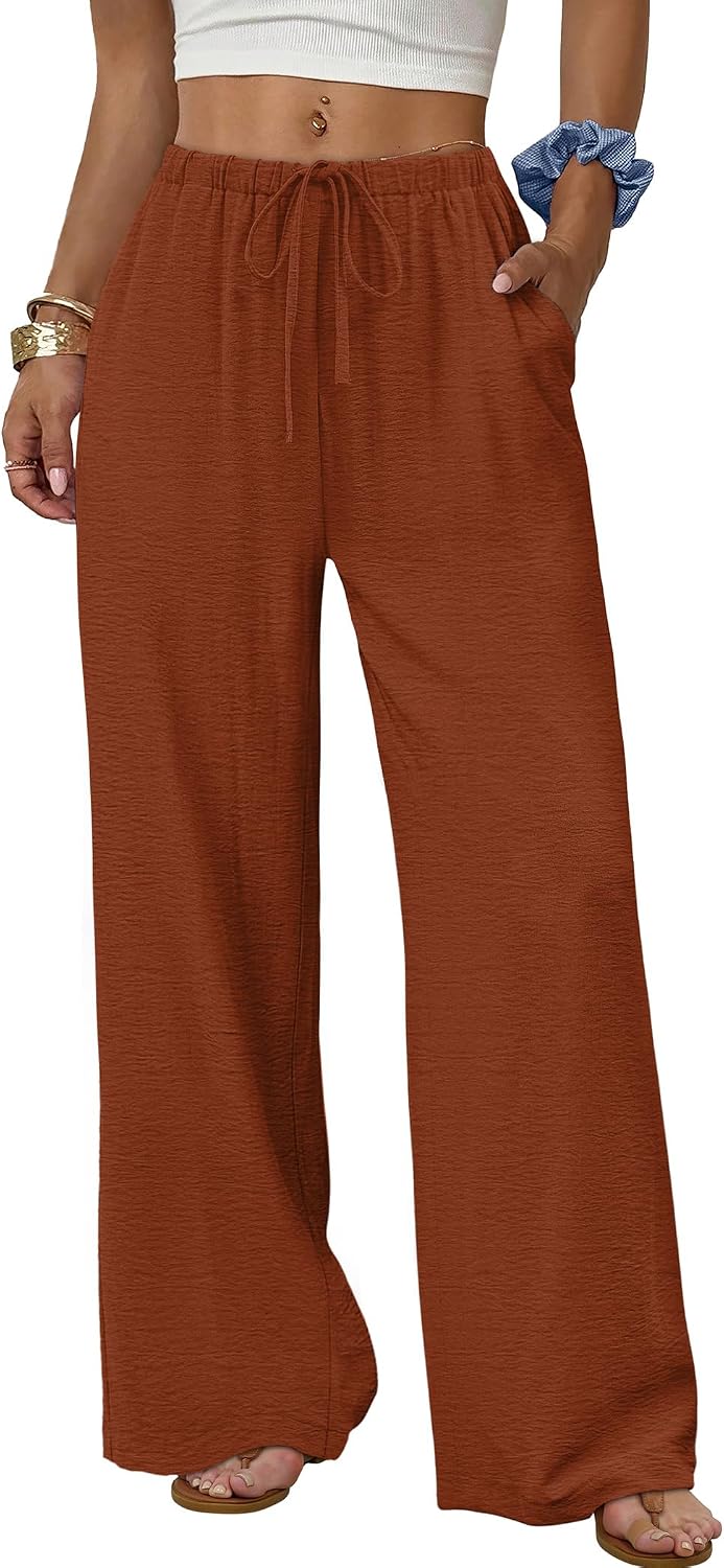 Wide Leg Pants for Women Flowy Palazzo Drawstring Elastic Waist Trousers with Pockets Summer Beach Vacation Clothes
