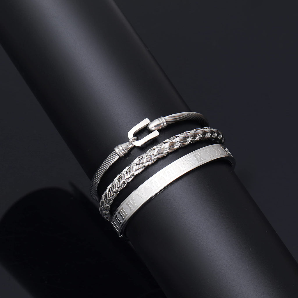 3PCS Stainless Steel Bracelets for Men Gold Roman Numeral Bangle Bracelet Twisted Cable Bracelet Adjustable Cuff Bracelet Mens Luxury Jewelry Bracelets Gifts