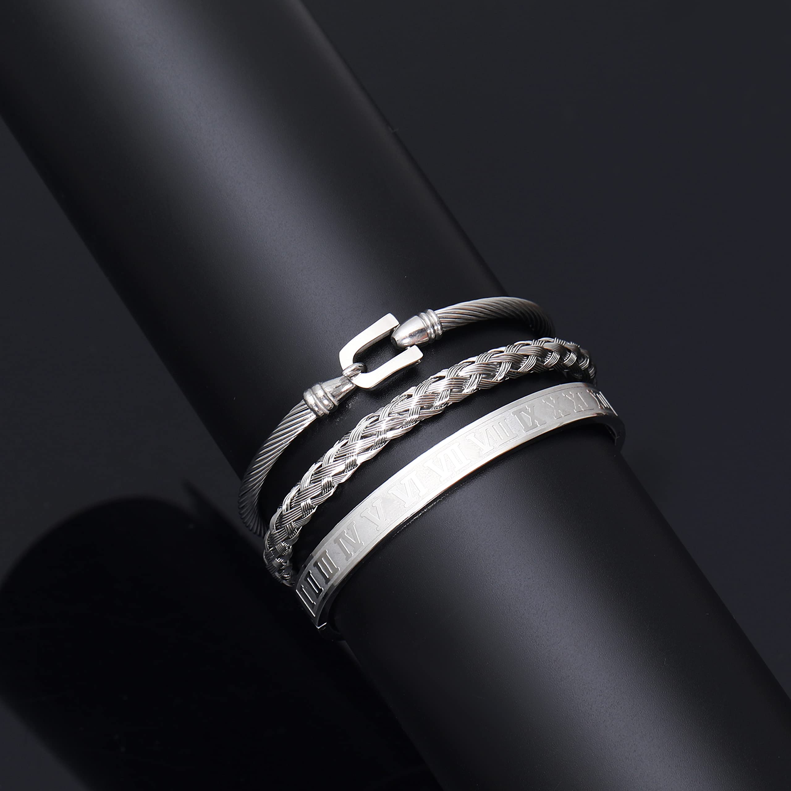 3PCS Stainless Steel Bracelets for Men Gold Roman Numeral Bangle Bracelet Twisted Cable Bracelet Adjustable Cuff Bracelet Mens Luxury Jewelry Bracelets Gifts