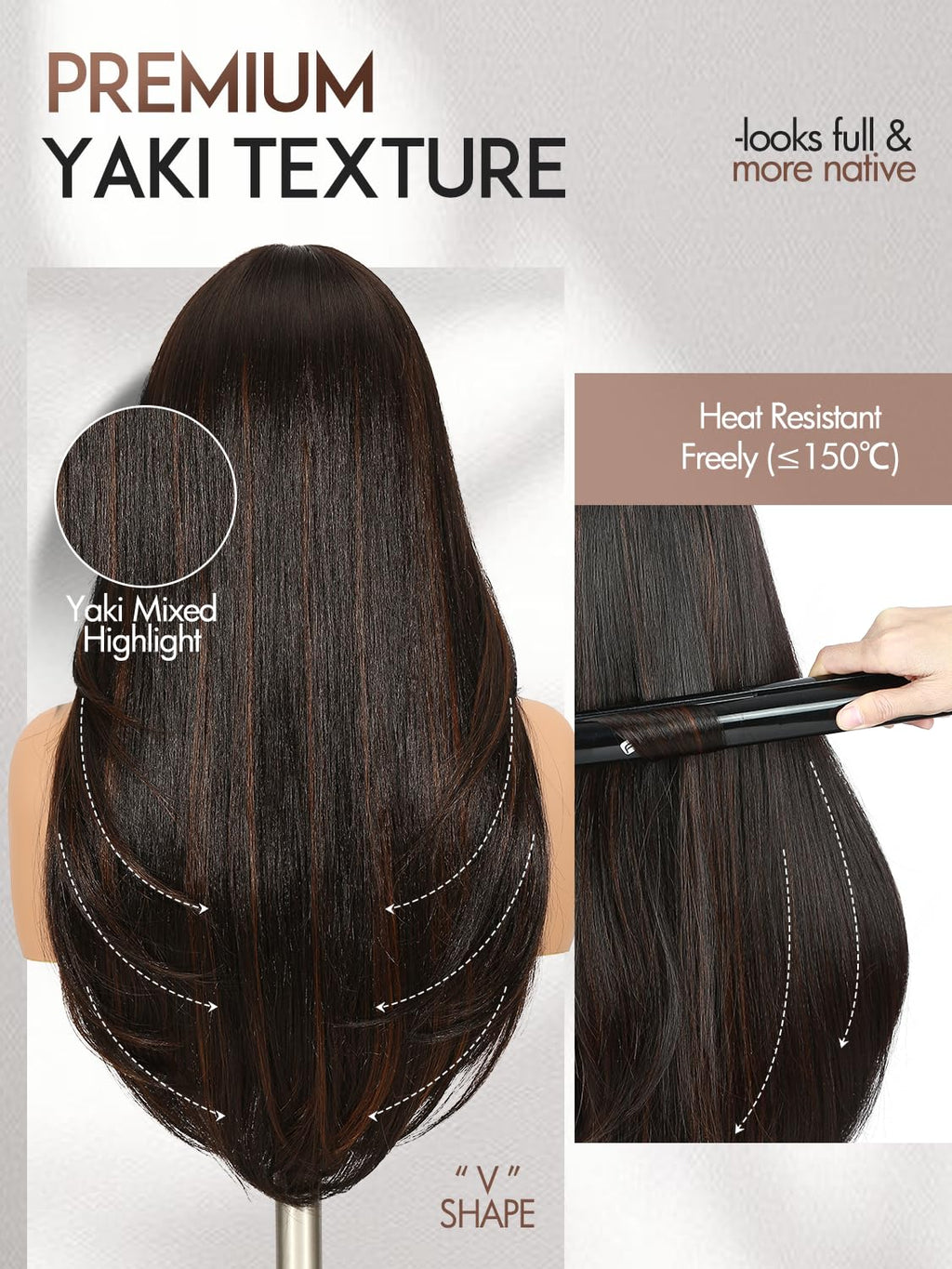 Yaki Straight Layered U Part Wigs V Part Glueless Clip in Half Wigs for Women Realistic Natural Looking Heat Resistant Synthetic Hair(24inch,Natural Black)