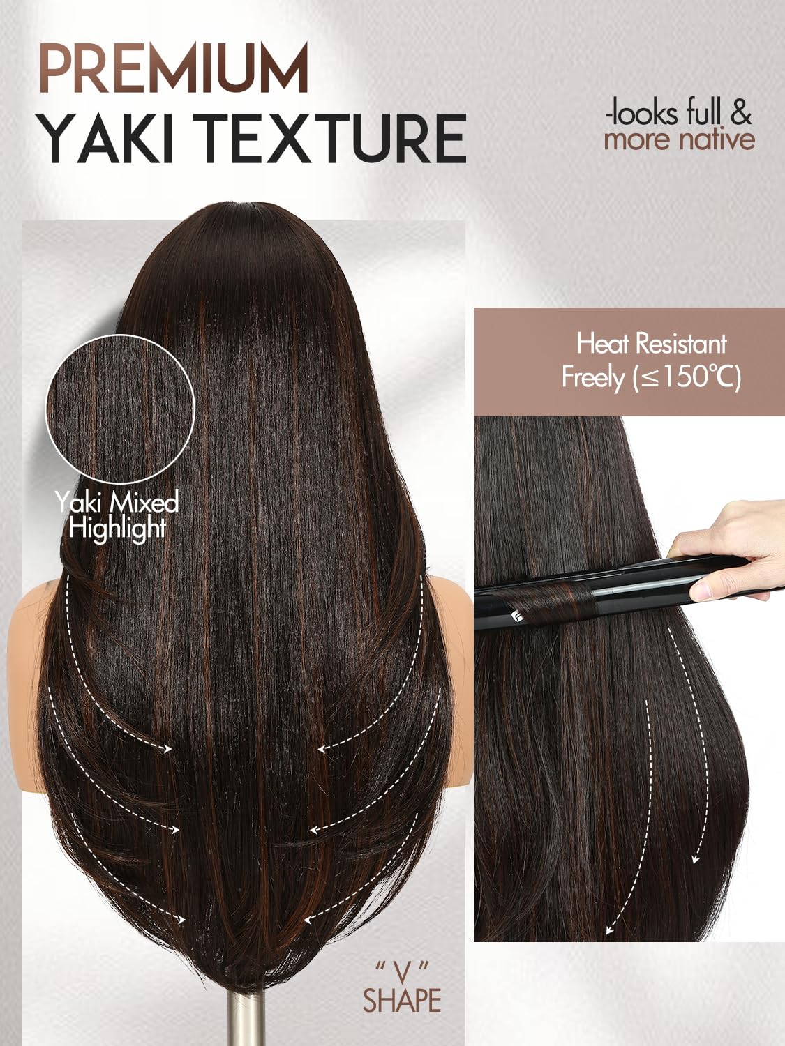 Yaki Straight Layered U Part Wigs V Part Glueless Clip in Half Wigs for Women Realistic Natural Looking Heat Resistant Synthetic Hair(24inch,Natural Black)