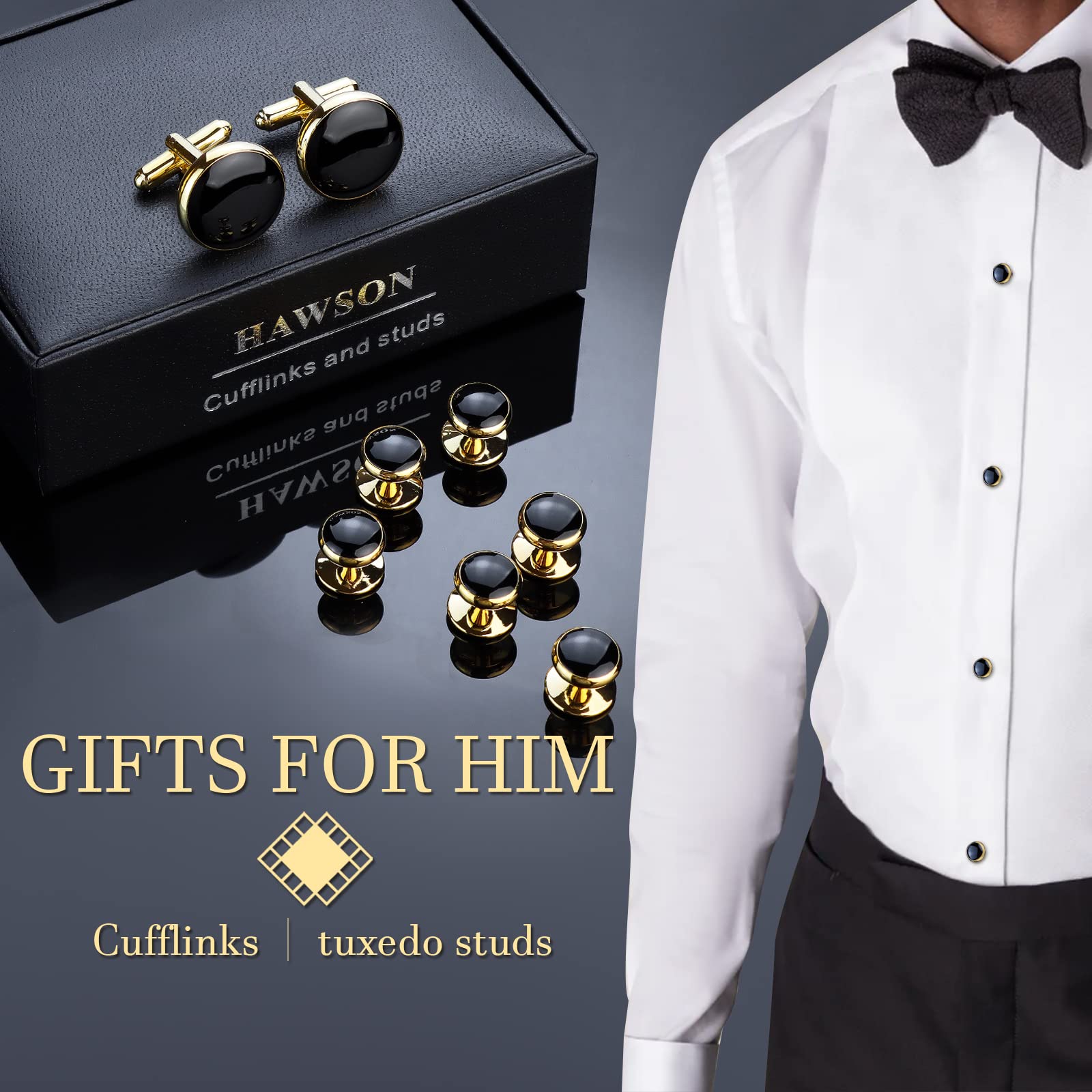 Men’s Cufflinks and Tuxedo Studs Set with Gift Box; Men’s Jewelry or Accessories Suitable for Black Suit White Shirts Vest and Red Bow tie on Wedding or Anniversary and Birthday
