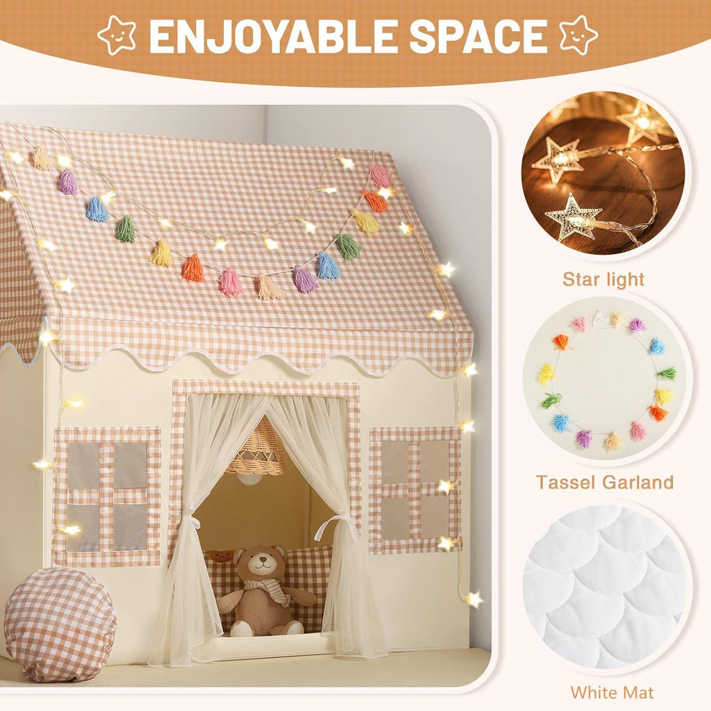 Kids Play Tent Indoor: with Mat, Tassel Garland, Star Lights - Girl Tent Indoor Playhouse for Kids Toys for Boy Girl Birthday Gift