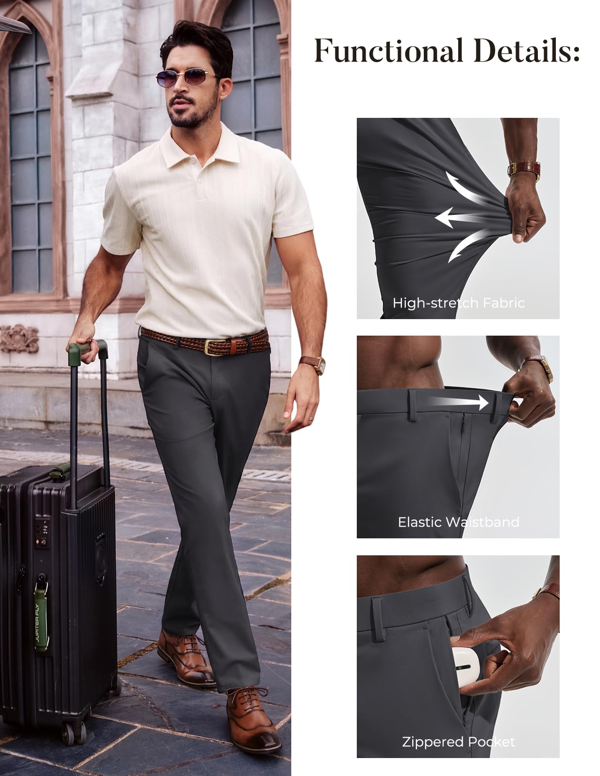 Mens Dress Pants 4-Way Stretch Tapered Trousers Extended Waist Dress Pant Casual Golf Pants