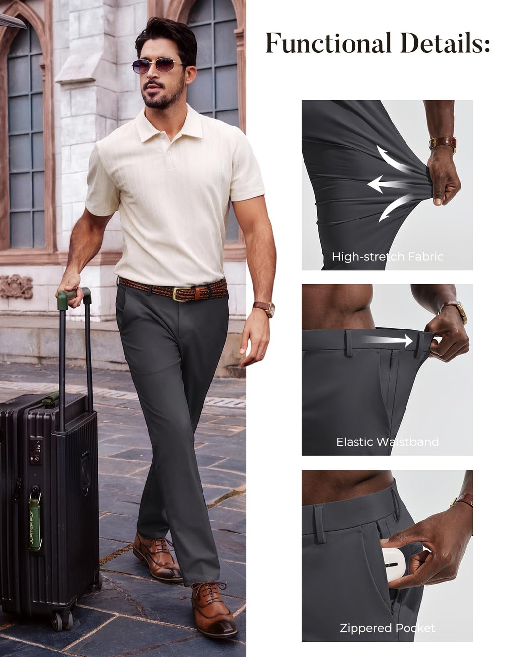 Mens Dress Pants 4-Way Stretch Tapered Trousers Extended Waist Dress Pant Casual Golf Pants