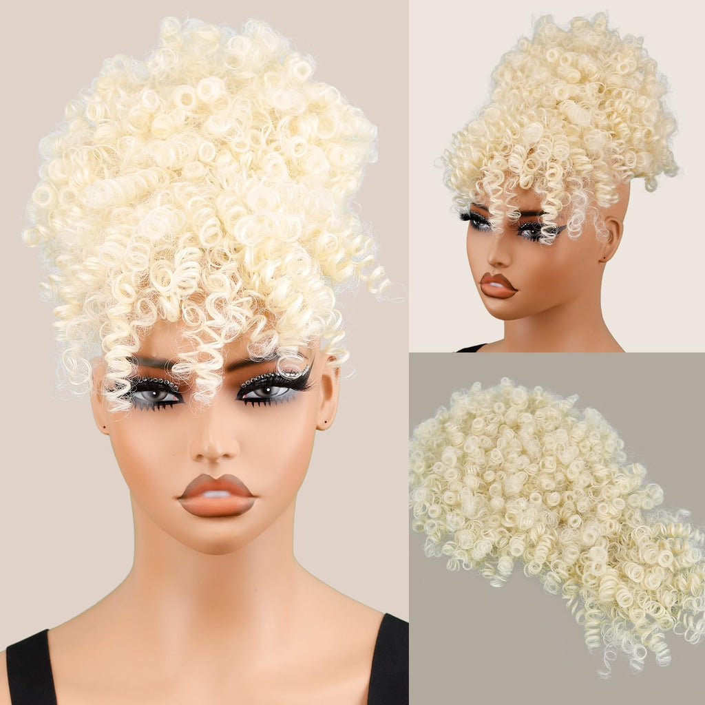 Drawstring Ponytail for Black Women, Afro Puff Kinky Curly Hair Ponytail Extension with Bangs Black Updo Natural Hair Ponytail (1B Natural Black)