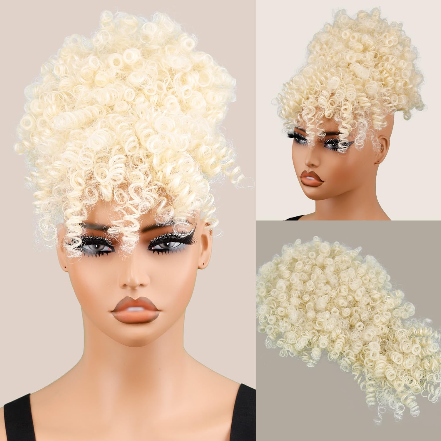 Drawstring Ponytail for Black Women, Afro Puff Kinky Curly Hair Ponytail Extension with Bangs Black Updo Natural Hair Ponytail (1B Natural Black)