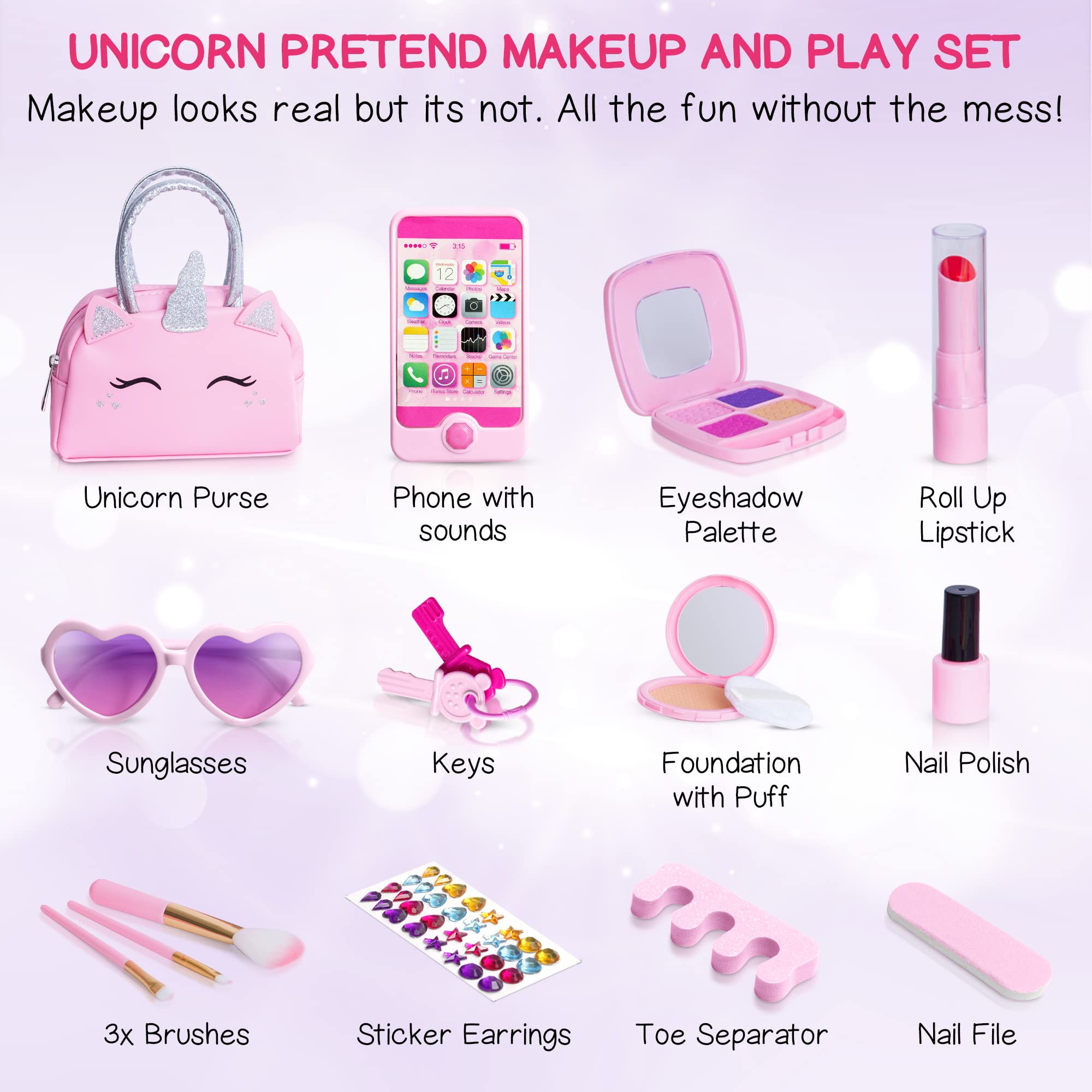 Kids Real Makeup Kit with Pink Unicorn Purse, Non Toxic Washable Make Up Set - Unicorn Toys for Girls Age 4-6, Girls Easter Basket Stuffers, Easter Gifts for Kids, Girl Gift Ages 3 4 5 6 7 8 Years Old