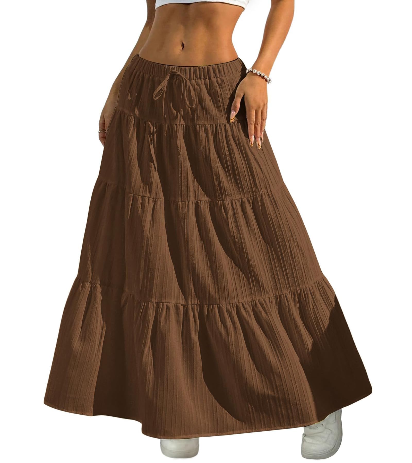 Women's Boho Flowy White Maxi Skirt Flared Ruffle Elastic Waist Summer A Line 2026 Spring Long Skirts