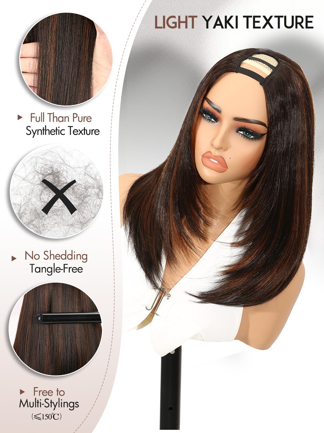 Yaki Straight Layered U Part Wigs V Part Glueless Clip in Half Wigs for Women Realistic Natural Looking Heat Resistant Synthetic Hair(24inch,Natural Black)