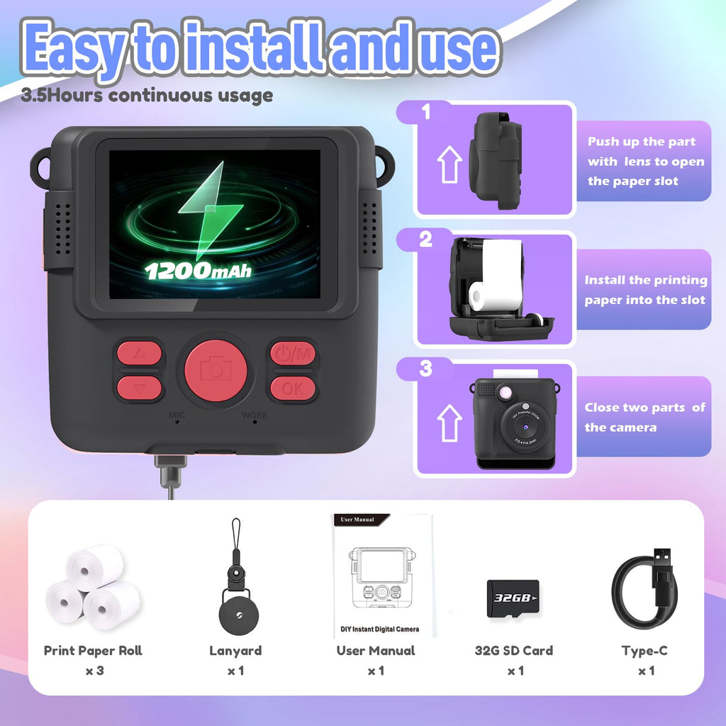 ESOXOFFORE Instant Print Camera for Kids, Christmas Birthday Gifts for Girls Boys Age 3-12,Kids Digital Cameras for Toddler, Portable Toy for 3 4 5 6 7 8 9 10 Year Old Girl with 32GB SD Card-Purple