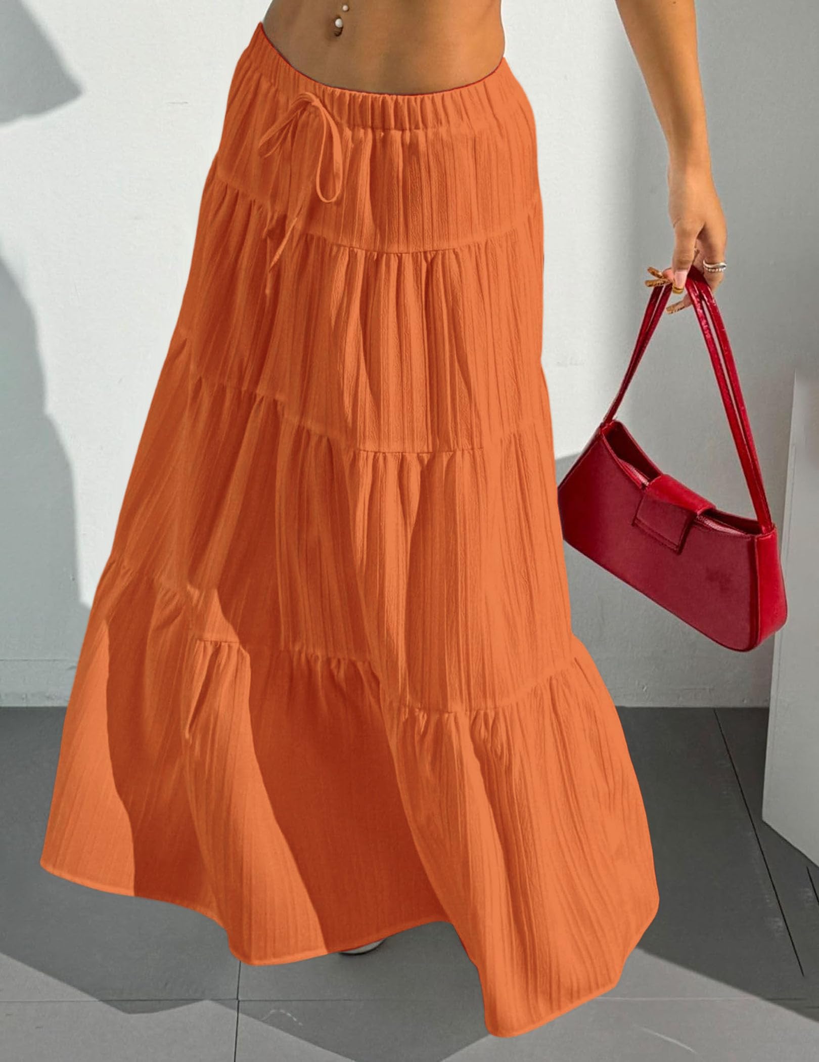 Women's Boho Flowy White Maxi Skirt Flared Ruffle Elastic Waist Summer A Line 2026 Spring Long Skirts
