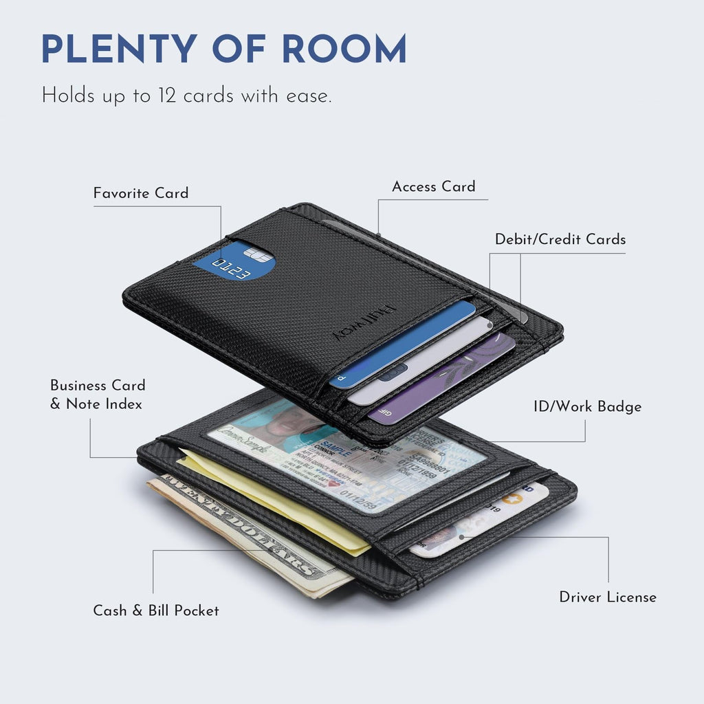 Slim Minimalist Front Pocket RFID Blocking Leather Wallets for Men and Women - Carbon Fiber Black