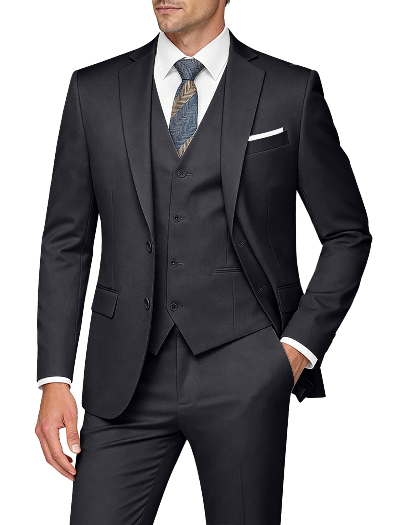 Men's Slim Fit 3 Piece Suits Two Button Blazer Vest & Pants Tuxedo Set for Business Wedding Party