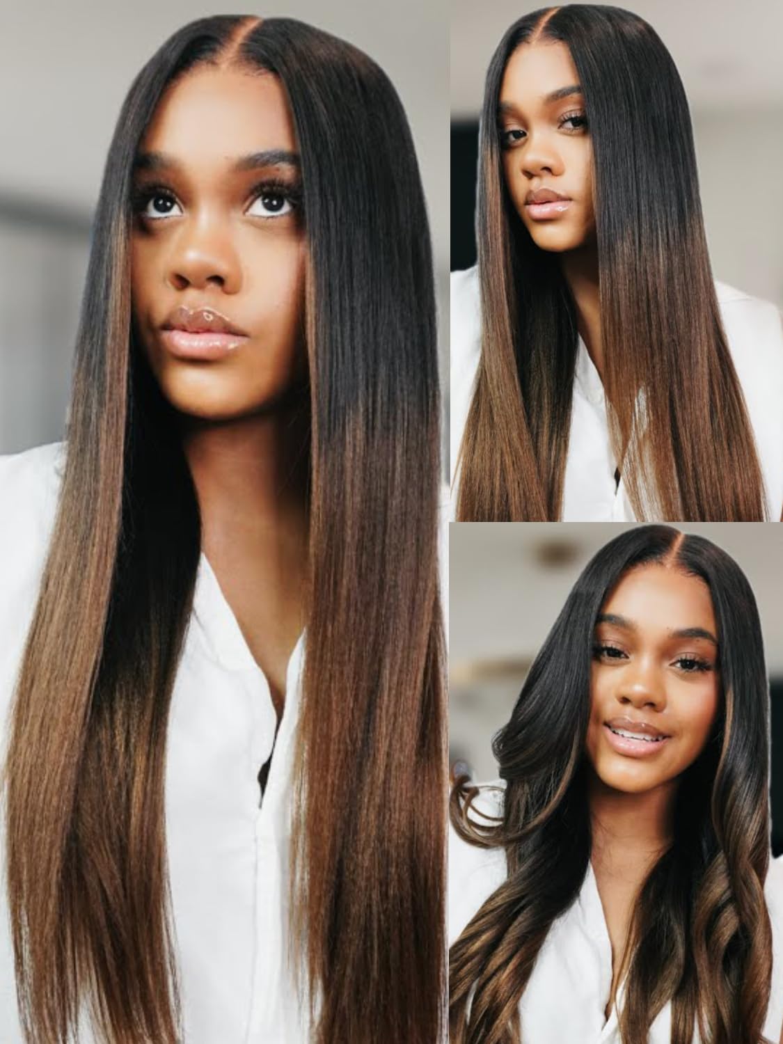 Golden Brown Highlight Glueless Yaki Straight Precut 7x5 Lace Front Wigs Human Hair Drawstring Ombre Pre Plucked Bleached Knots 30S Ready to Wear and Go Wig with Dark Roots 16Inch