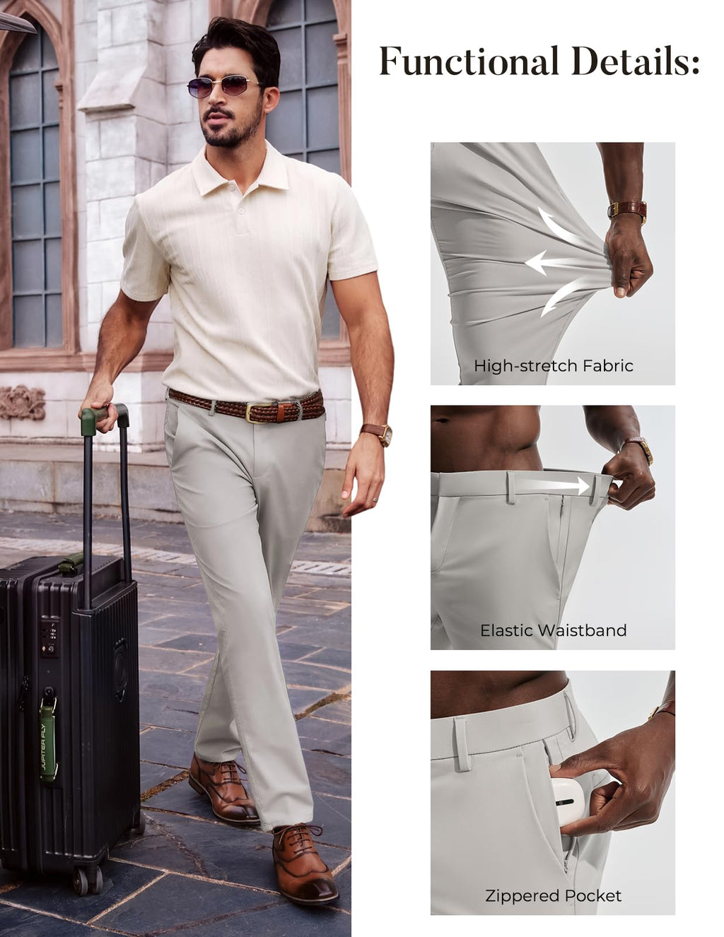 Mens Dress Pants 4-Way Stretch Tapered Trousers Extended Waist Dress Pant Casual Golf Pants