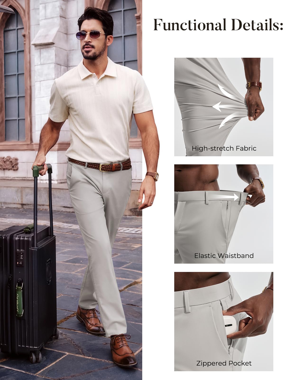 Mens Dress Pants 4-Way Stretch Tapered Trousers Extended Waist Dress Pant Casual Golf Pants