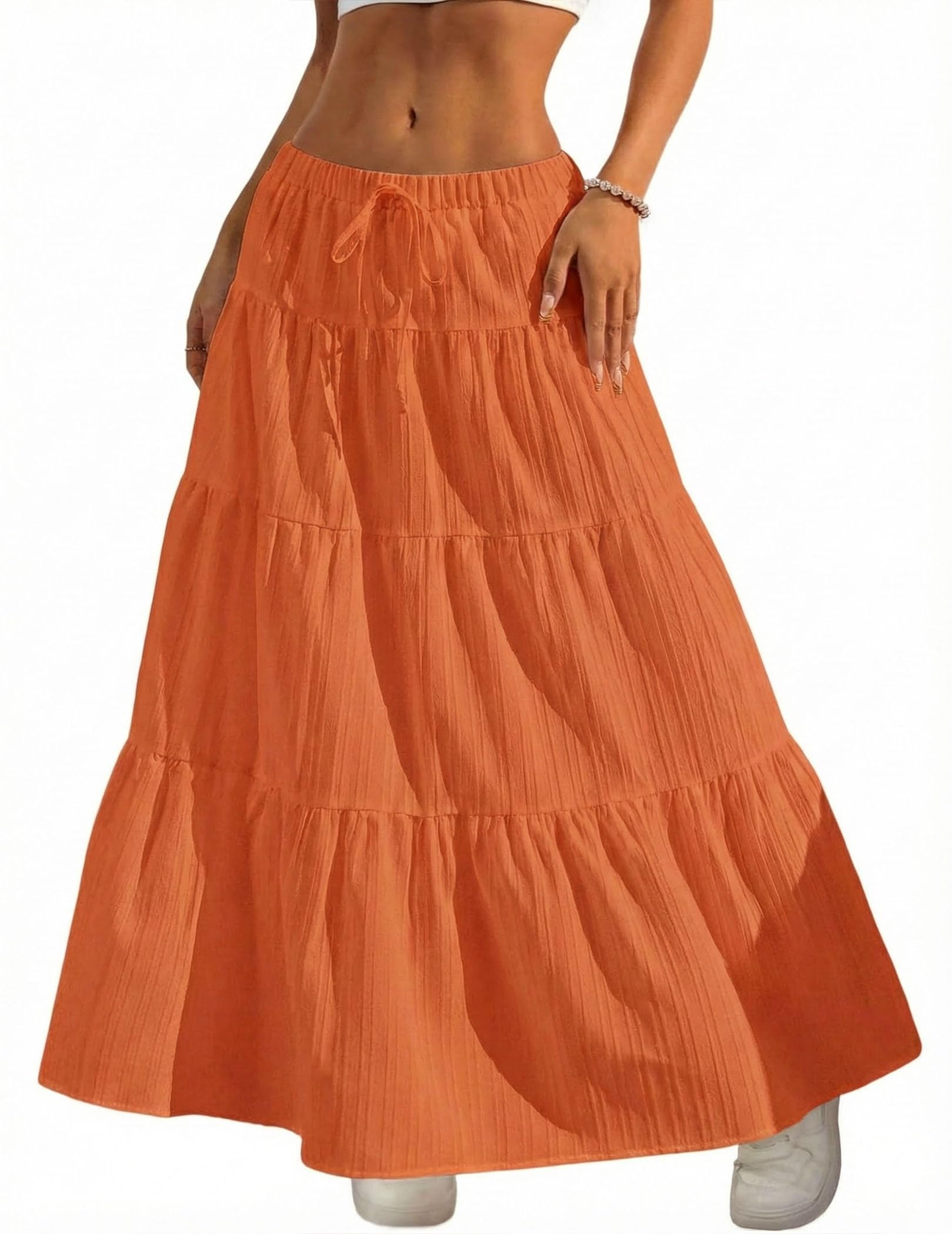 Women's Boho Flowy White Maxi Skirt Flared Ruffle Elastic Waist Summer A Line 2026 Spring Long Skirts